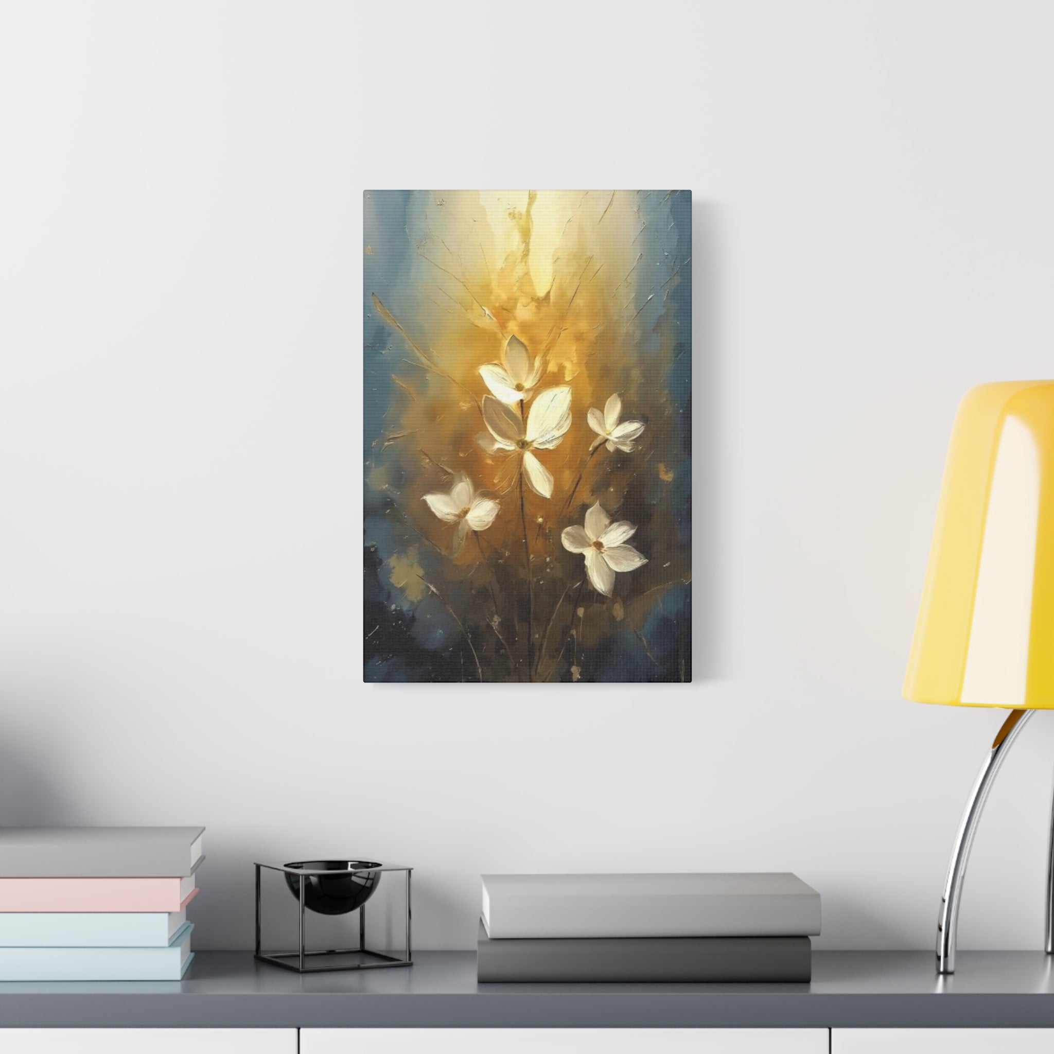 Golden Floral Canvas Print – Abstract White Flowers on Matte Stretched Canvas