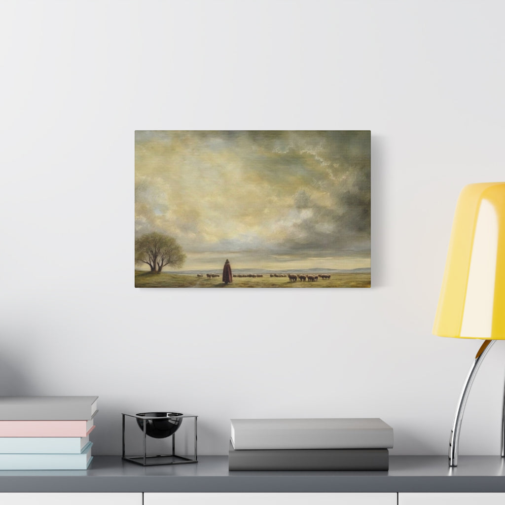 Shepherd in Pastoral Landscape Matte Canvas Print