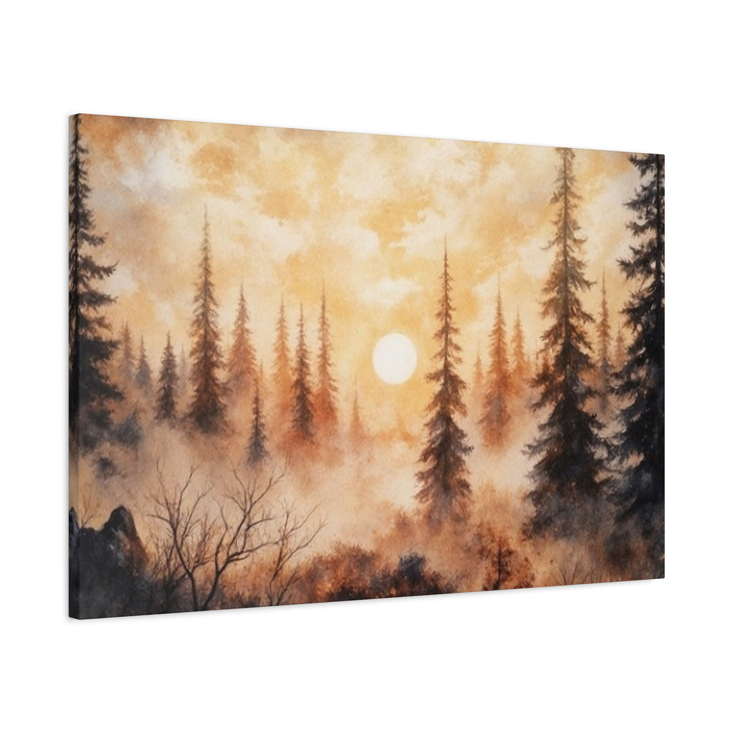 Canvas Wall Art - Misty Pine Forest Sunrise Matte Stretched Canvas