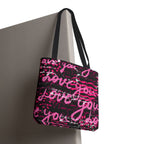 Love You Script Pattern Tote Bag – Pink Graffiti All-Over Print