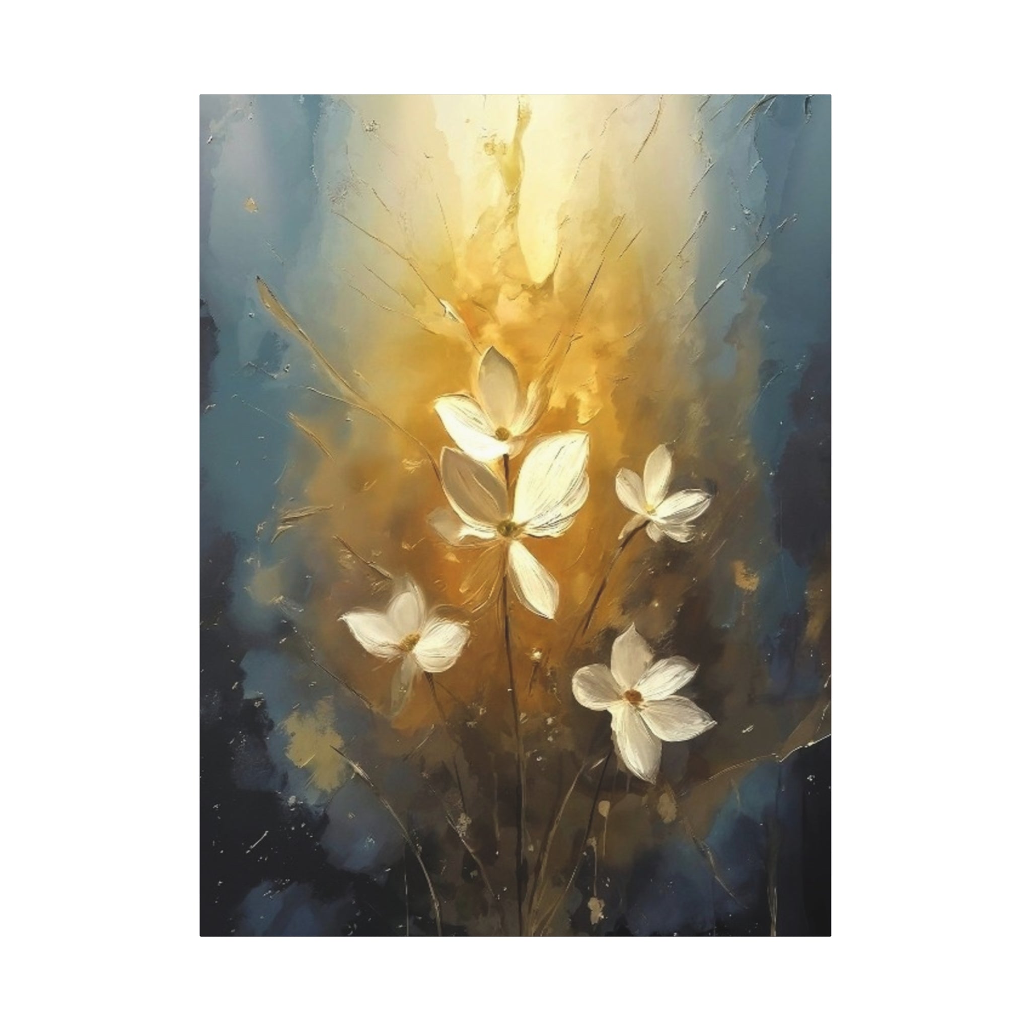 Golden Floral Canvas Print – Abstract White Flowers on Matte Stretched Canvas