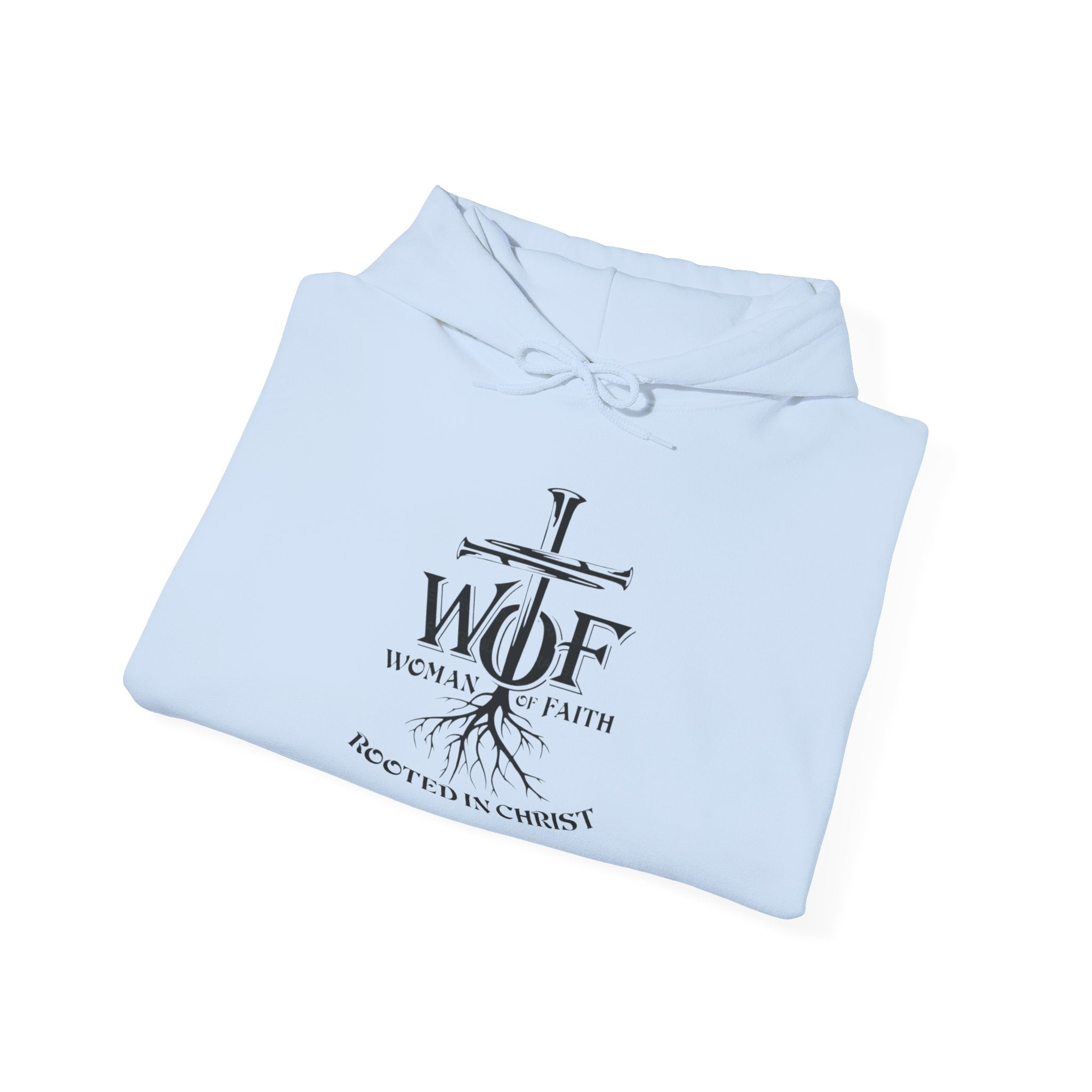 Hoodie — "W.O.F. Woman of Faith" Cross Christian Graphic Pullover