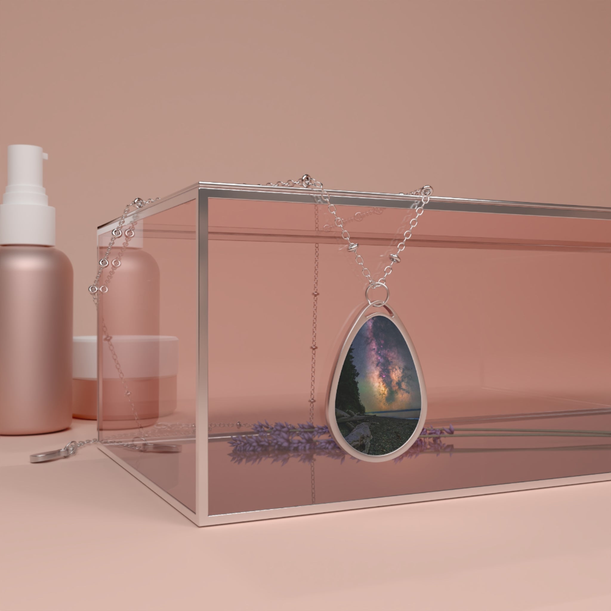 Milky Way Oval Photo Necklace — Sterling Teardrop Pendant with Night Sky Image