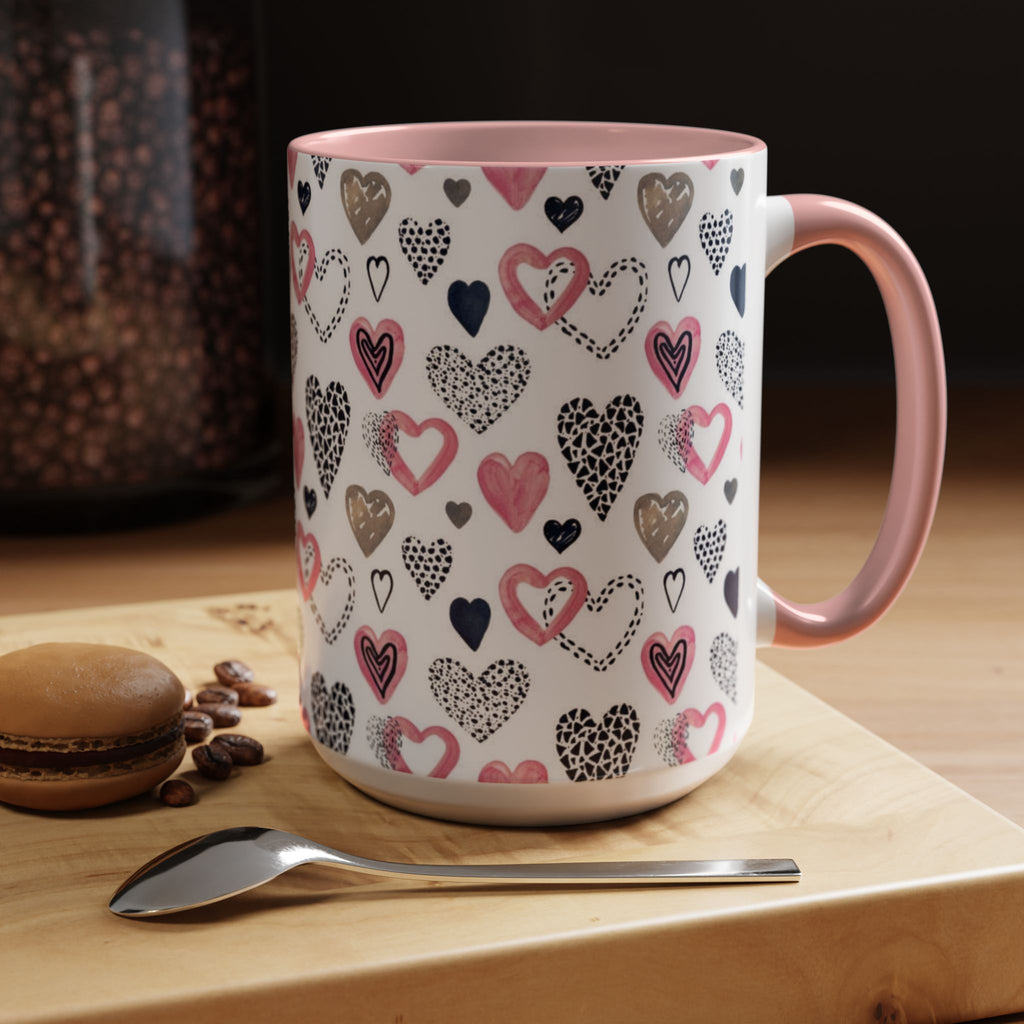 Heart Pattern Accent Coffee Mug — Pink & Navy Love Design (11/15 oz)