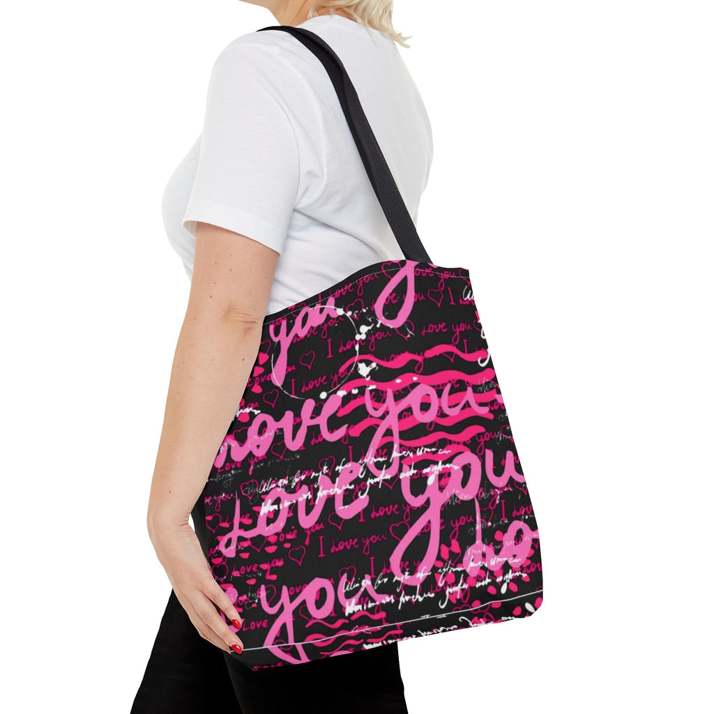 Love You Script Pattern Tote Bag – Pink Graffiti All-Over Print