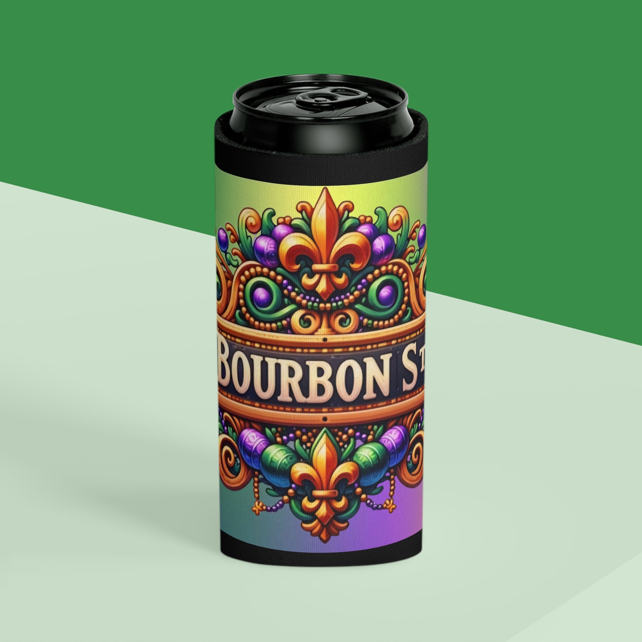 Can Cooler — Bourbon Street Mardi Gras Fleur-de-Lis Beverage Koozie