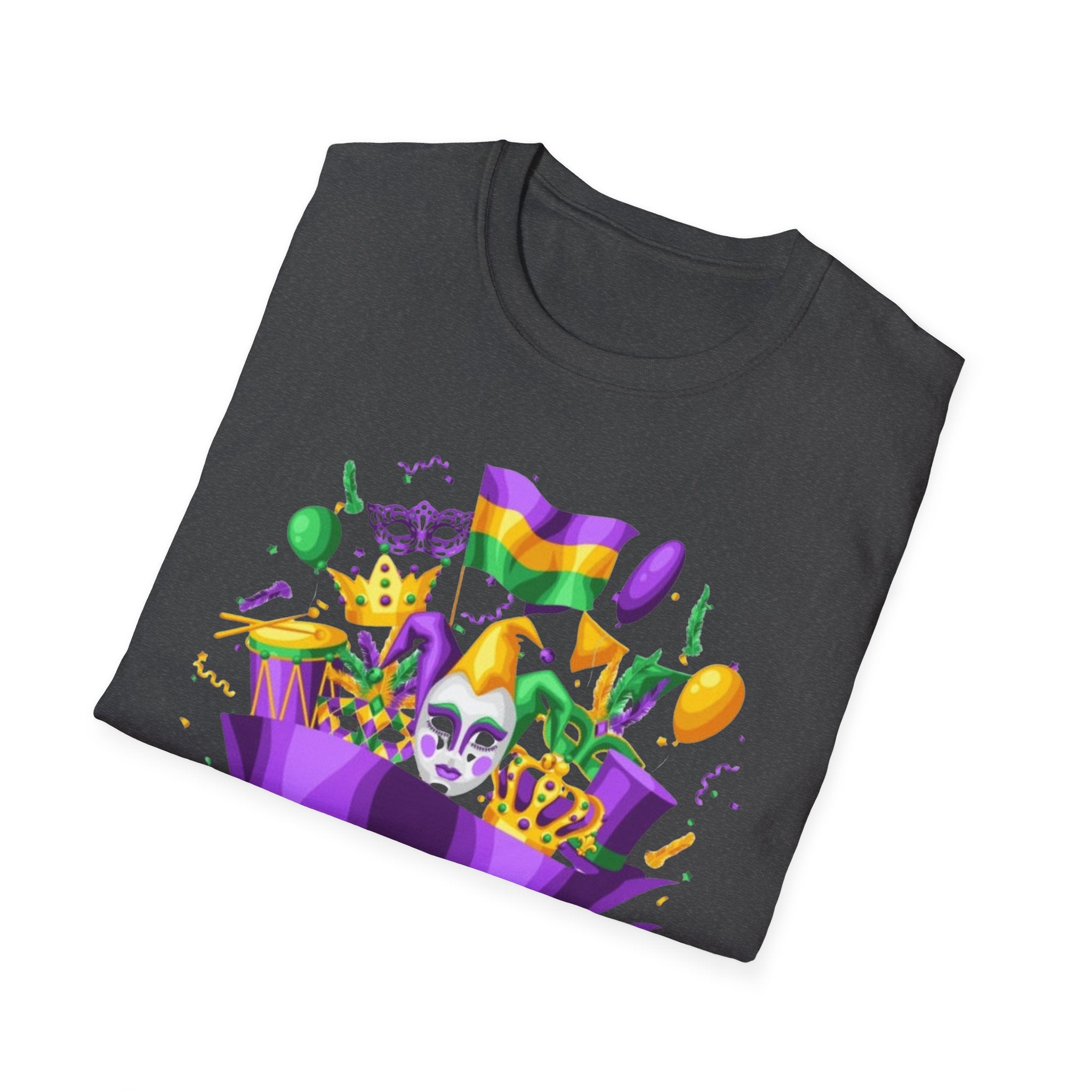 Mardi Gras Carnival T-Shirt — Festive Mask, Beads & Balloon Design