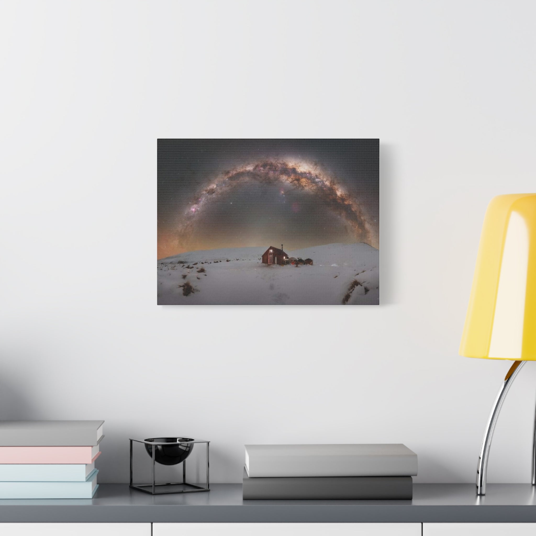 Milky Way Over Snowy Cabin — Matte Stretched Canvas Wall Art
