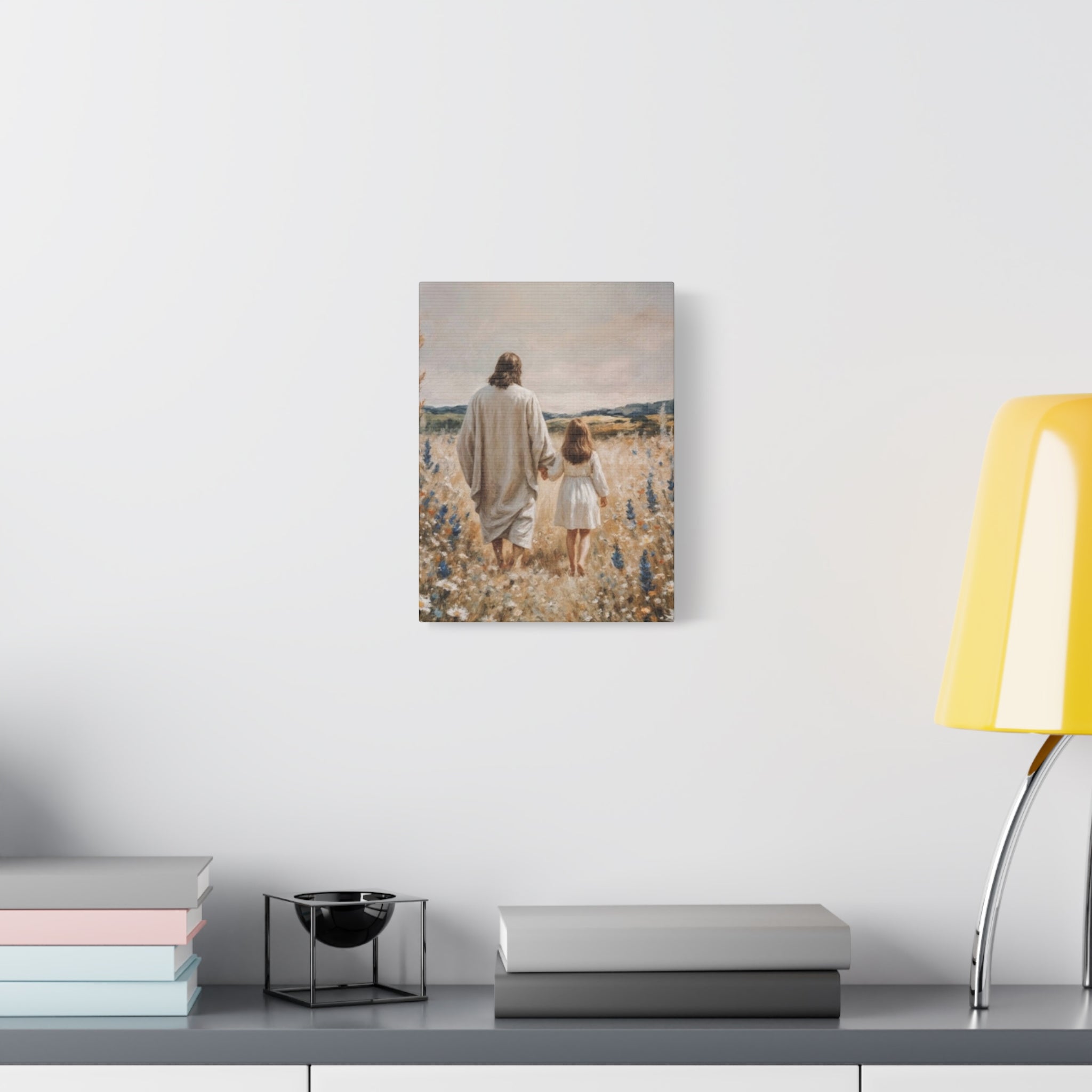 Jesus and Child Walking in Field Canvas Art - Religious Wall Decor