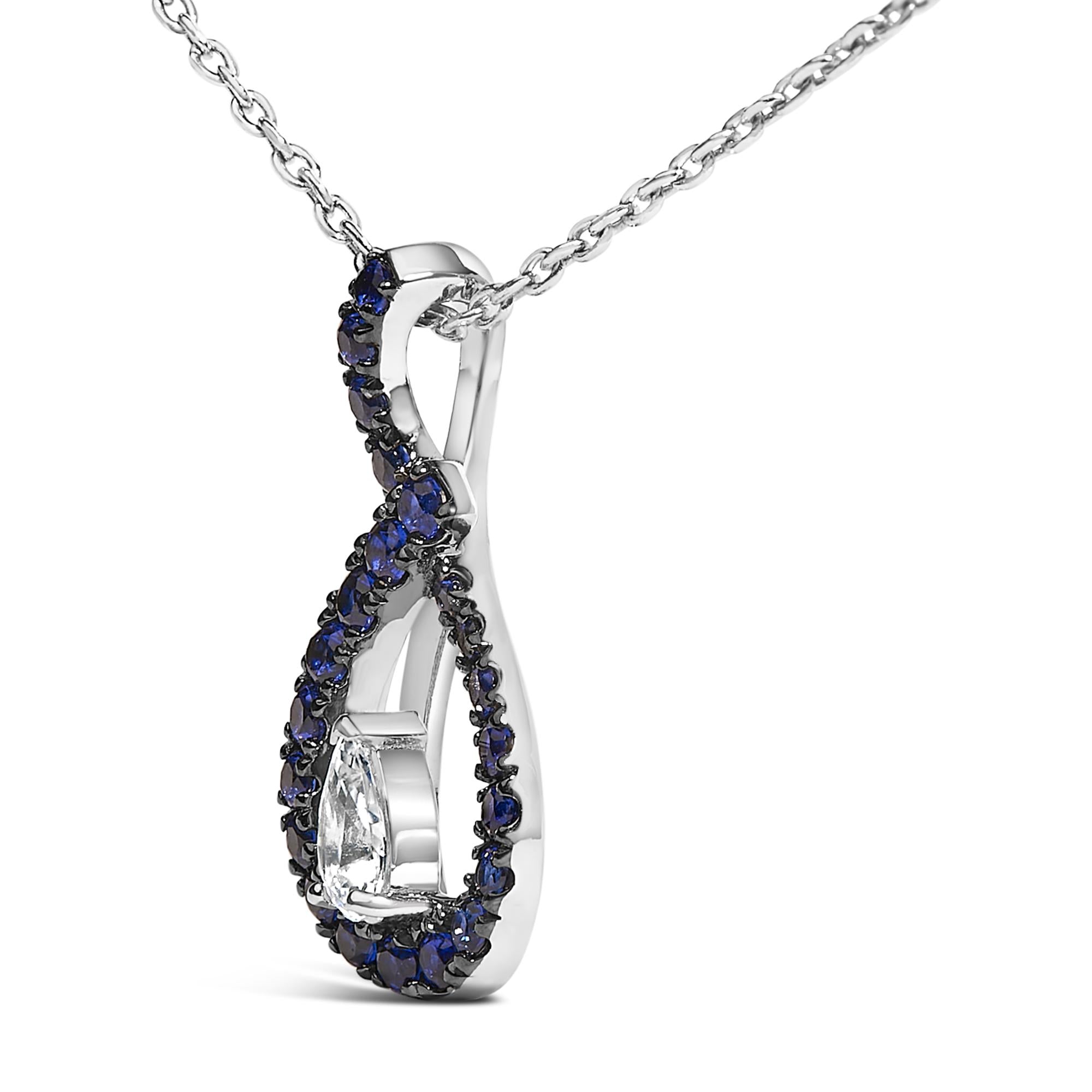 .925 Sterling Silver Created Blue and White Sapphire Teardrop Shaped Pendant Necklace - 18" Inches-2