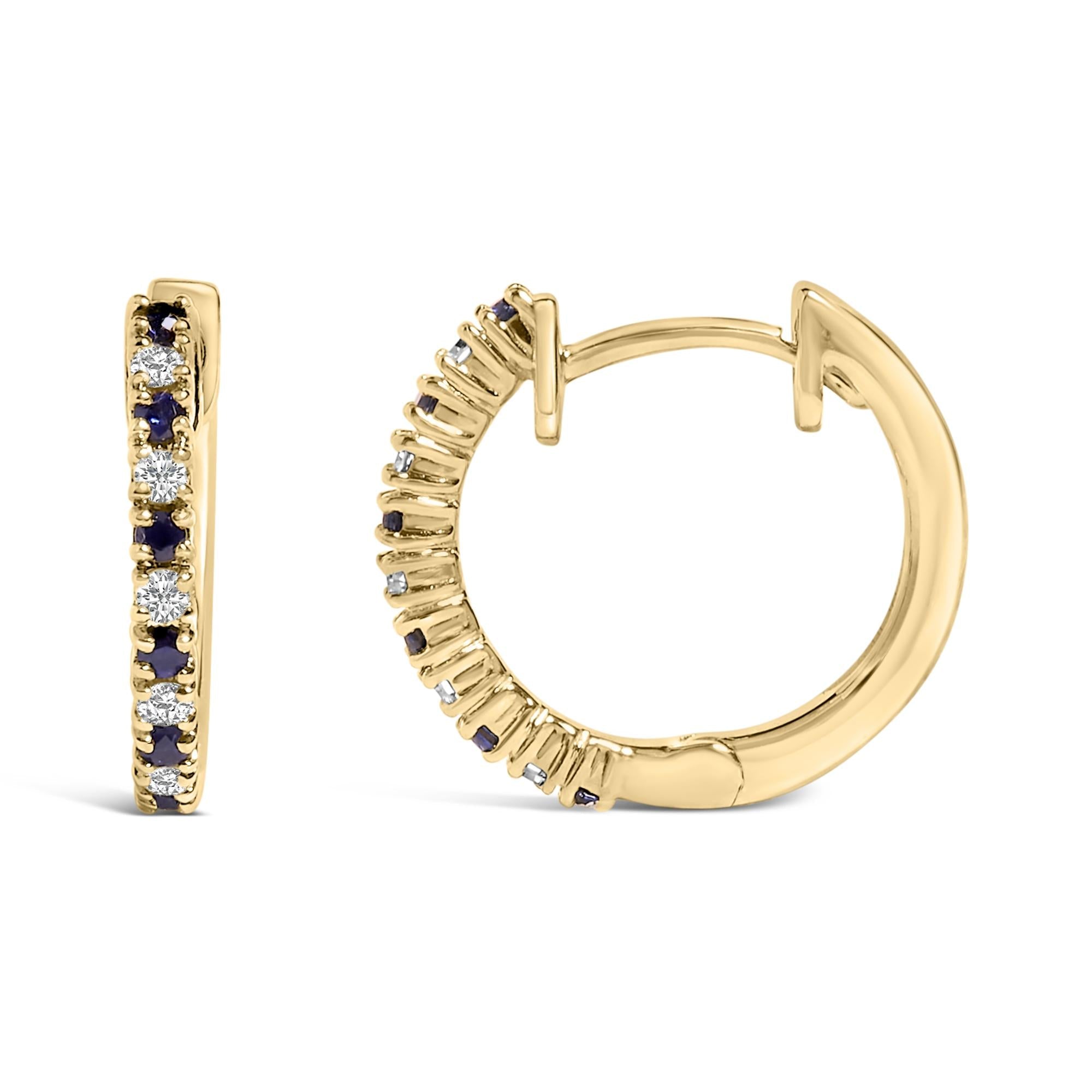 10K Yellow Gold Alternating Blue Sapphire 1/10 Cttw Diamond Huggy Hoop Earrings  (I-J Color, I1-I2 Clarity)-2