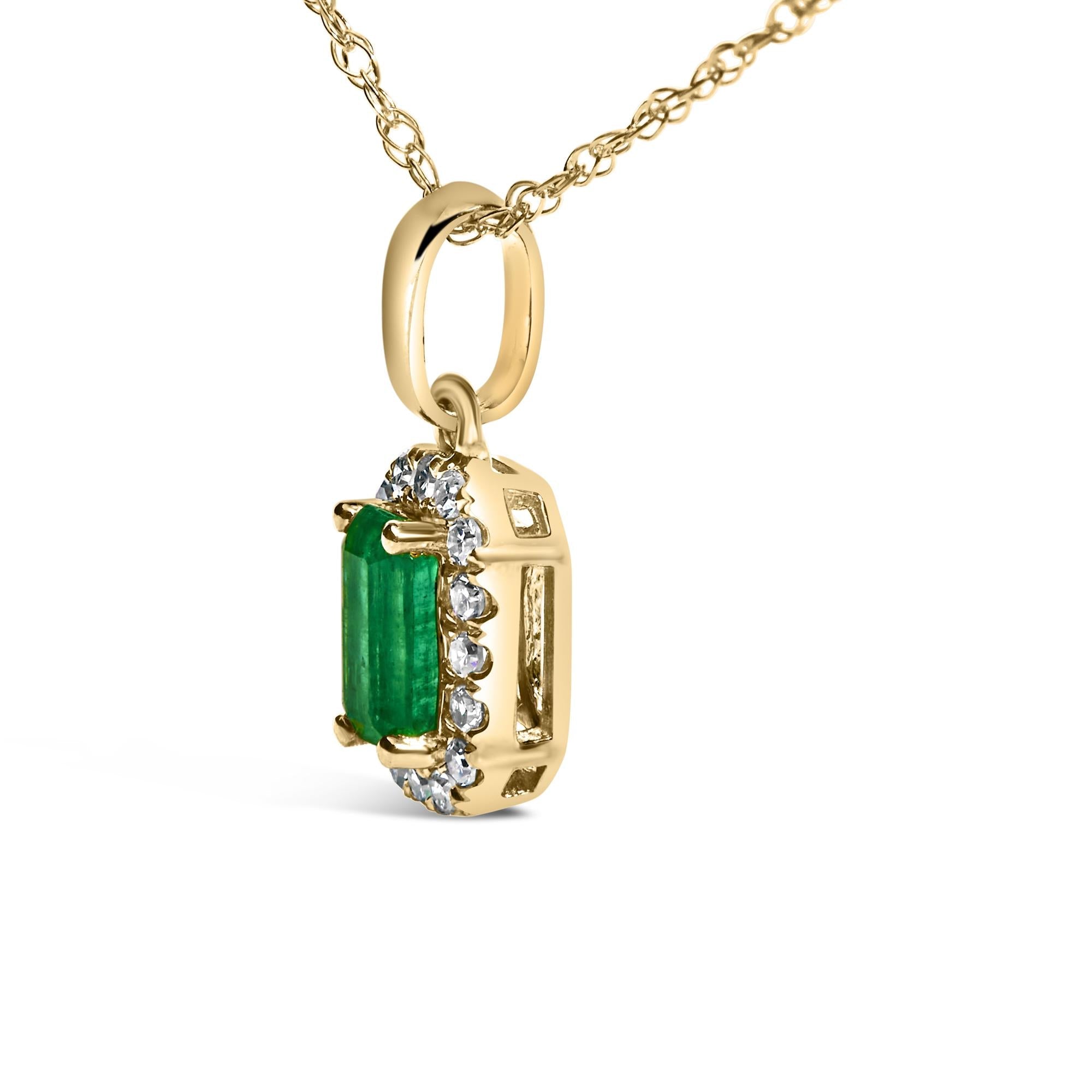 10K Yellow Gold 5x3mm Green Emerald and Diamond Accent Halo Octagonal Shape 18" Pendant Necklace (I-J Color, I1-I2 Clarity)-2