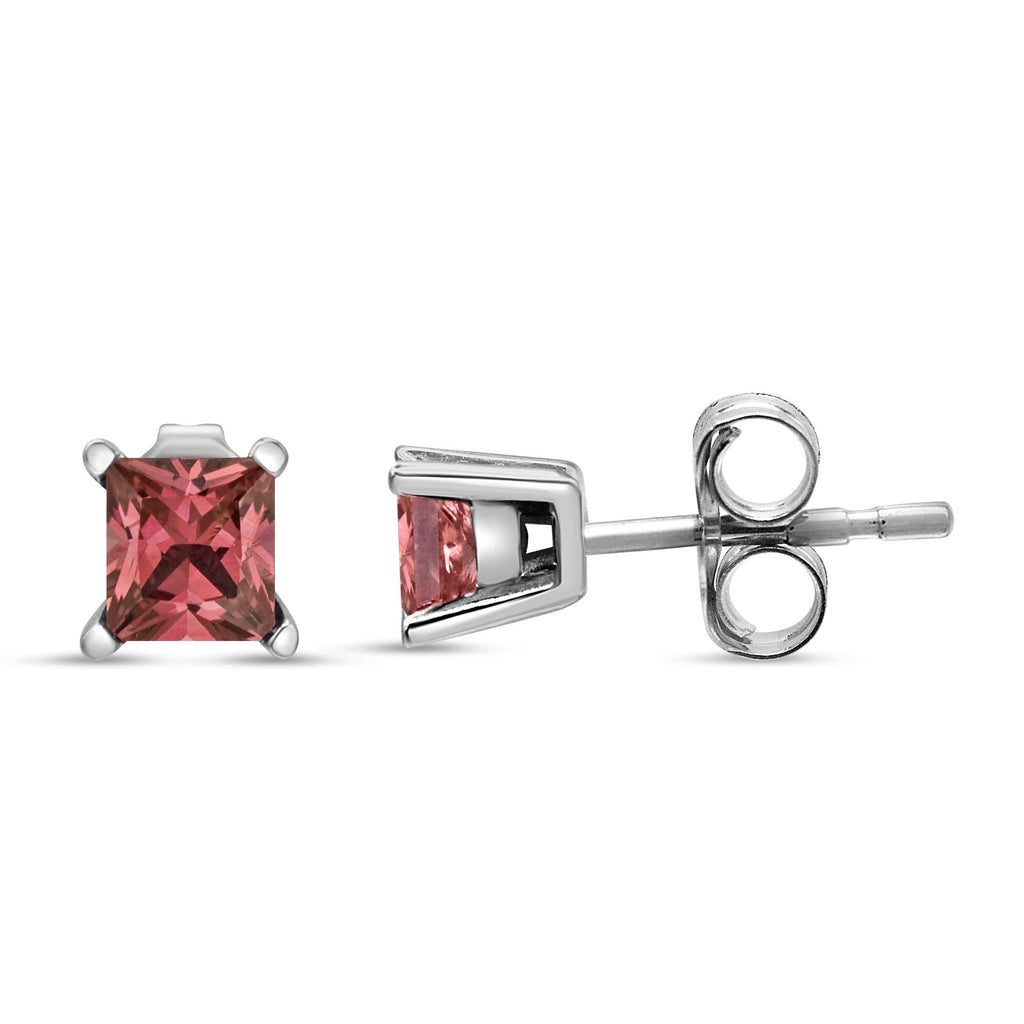 14K White Gold 4 Prong Set Lab Grown Pink Princess Diamond Solitaire Stud Earrings (Pink Color, VS2-SI1 Clarity)-4
