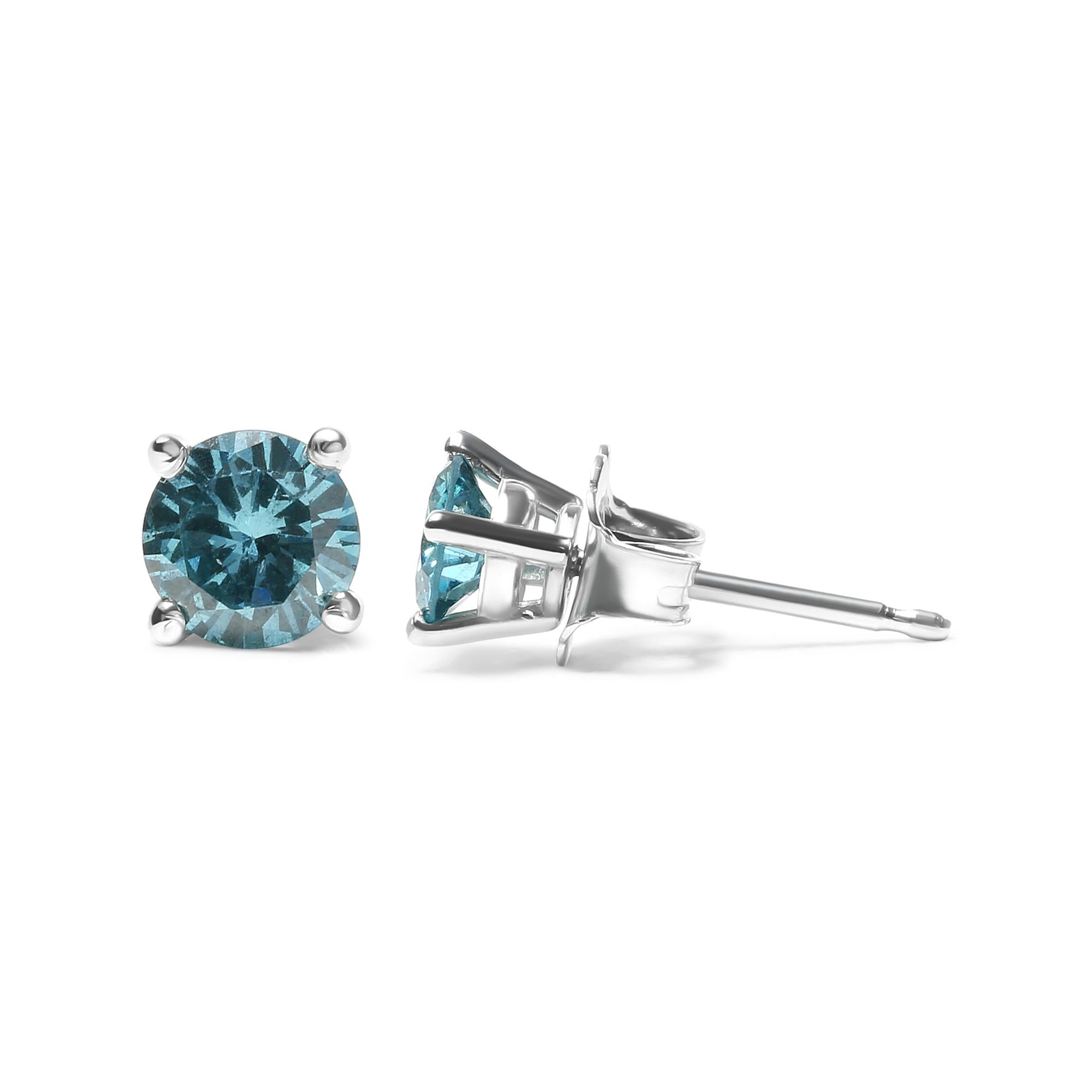 14K Gold 1/2 Cttw Aqua Blue Diamond Screw-Back 4-Prong Classic Stud Earrings (Color Treated, I2-I3)-4