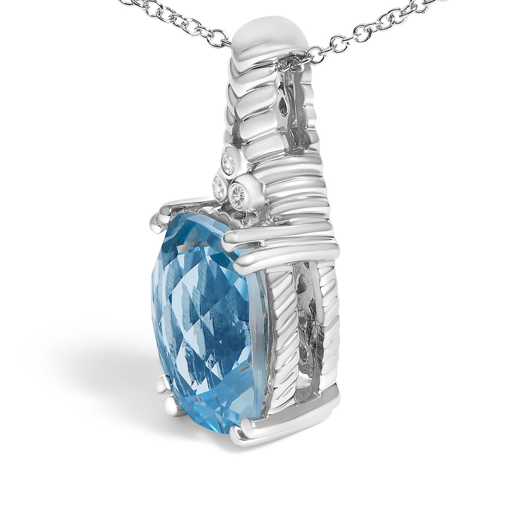 .925 Sterling Silver Blue Topaz and Diamond Accent Textured Pendant Necklace - 18" Inches-2