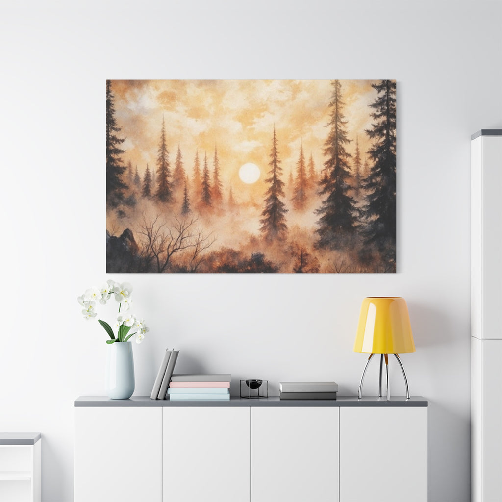 Canvas Wall Art - Misty Pine Forest Sunrise Matte Stretched Canvas