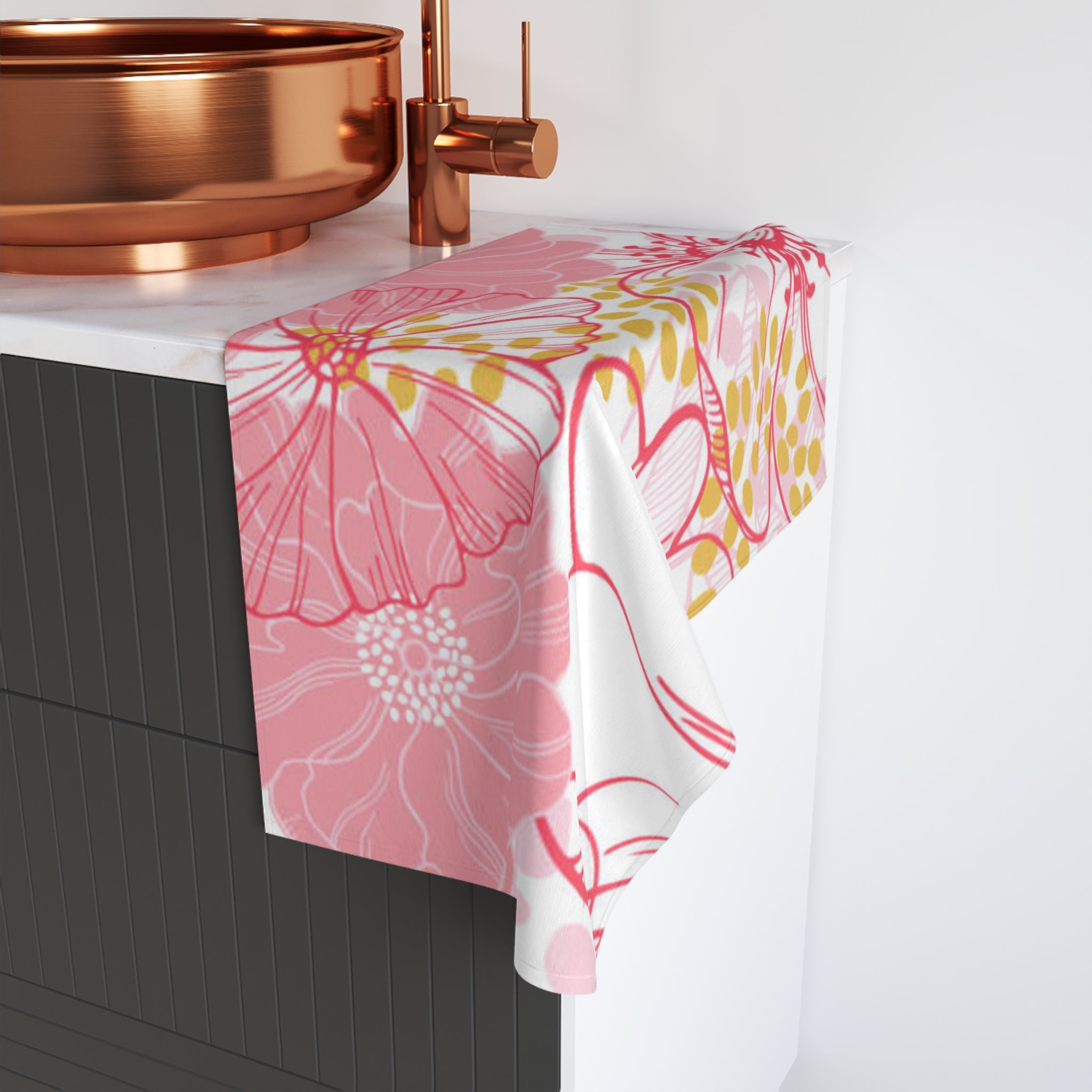Pink Floral Hand Towel — Modern Botanical Kitchen & Bath Accent