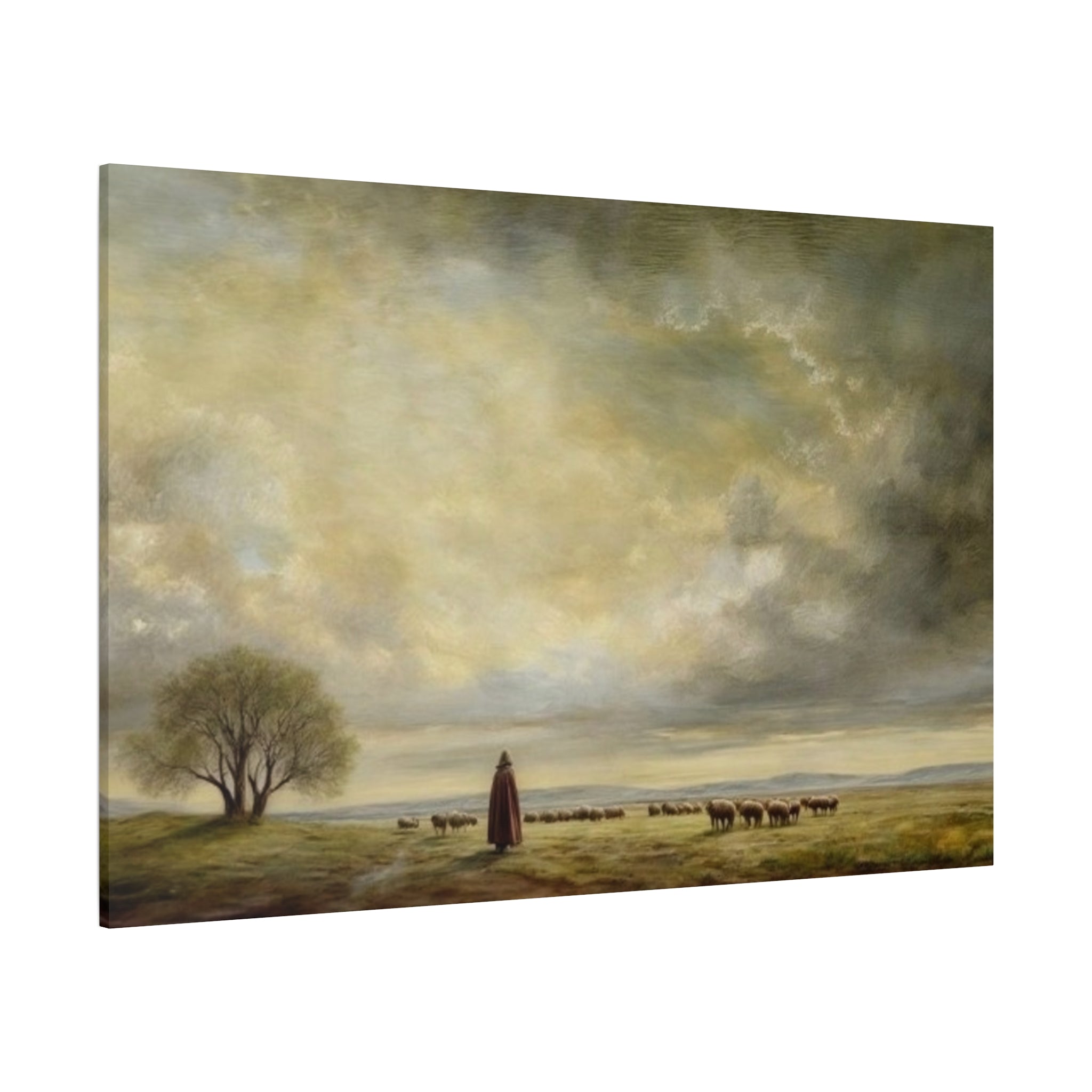 Shepherd in Pastoral Landscape Matte Canvas Print