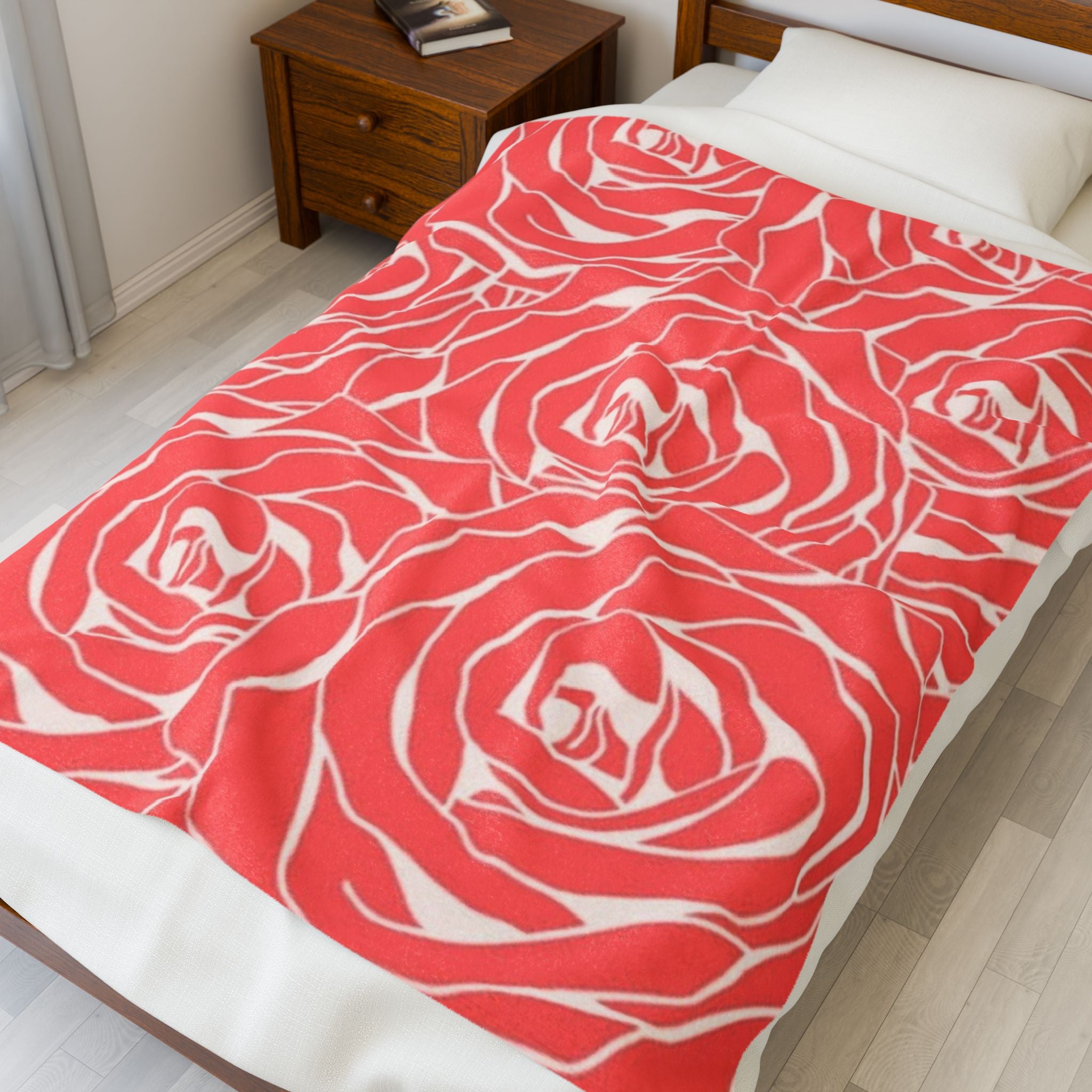 Rose Pattern Plush Blanket — Coral Velveteen Throw