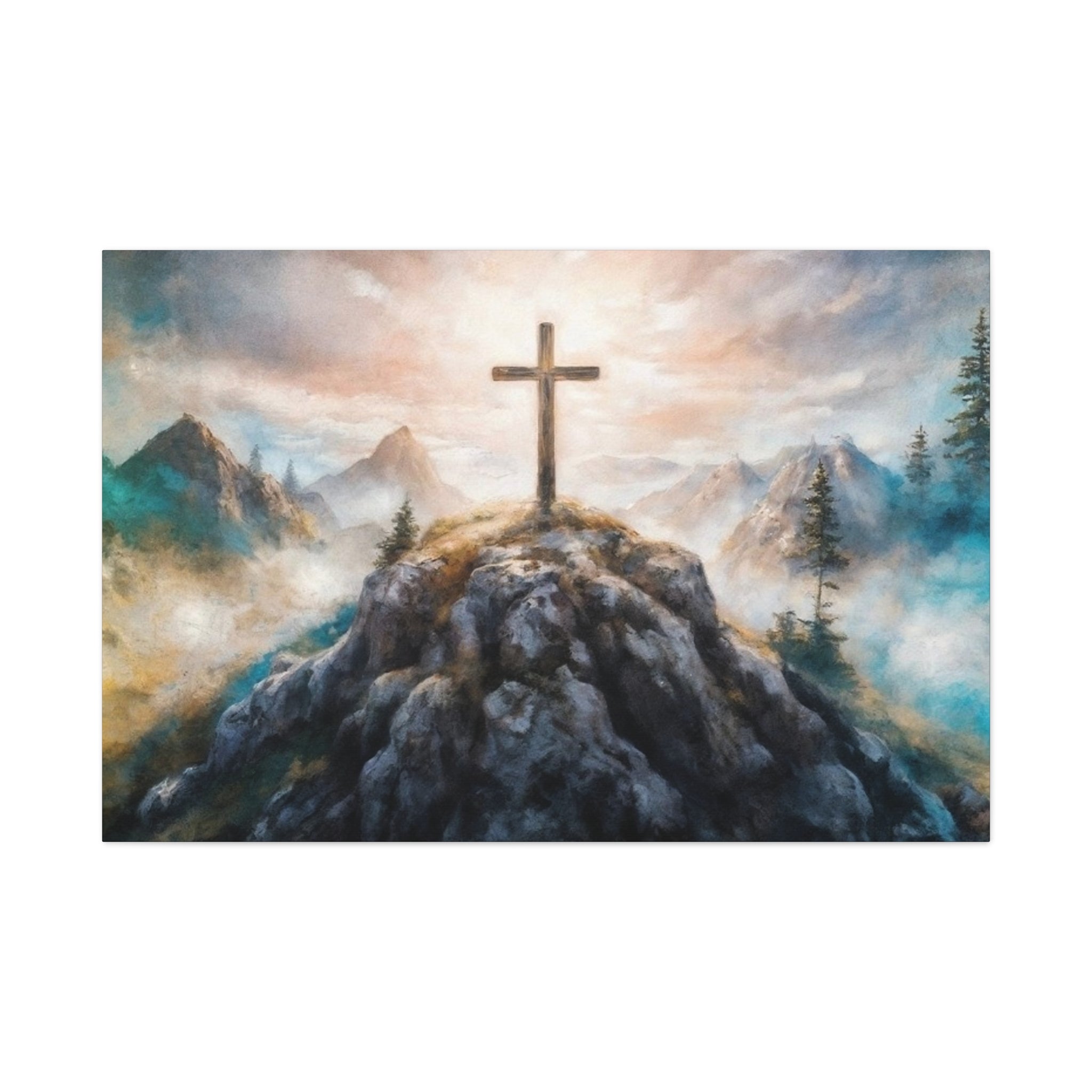 Cross on Mountain Matte Canvas Wall Art — Christian Inspirational Landscape