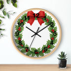 Christmas Holly Wreath Wall Clock — Festive Red Bow Holiday Decor