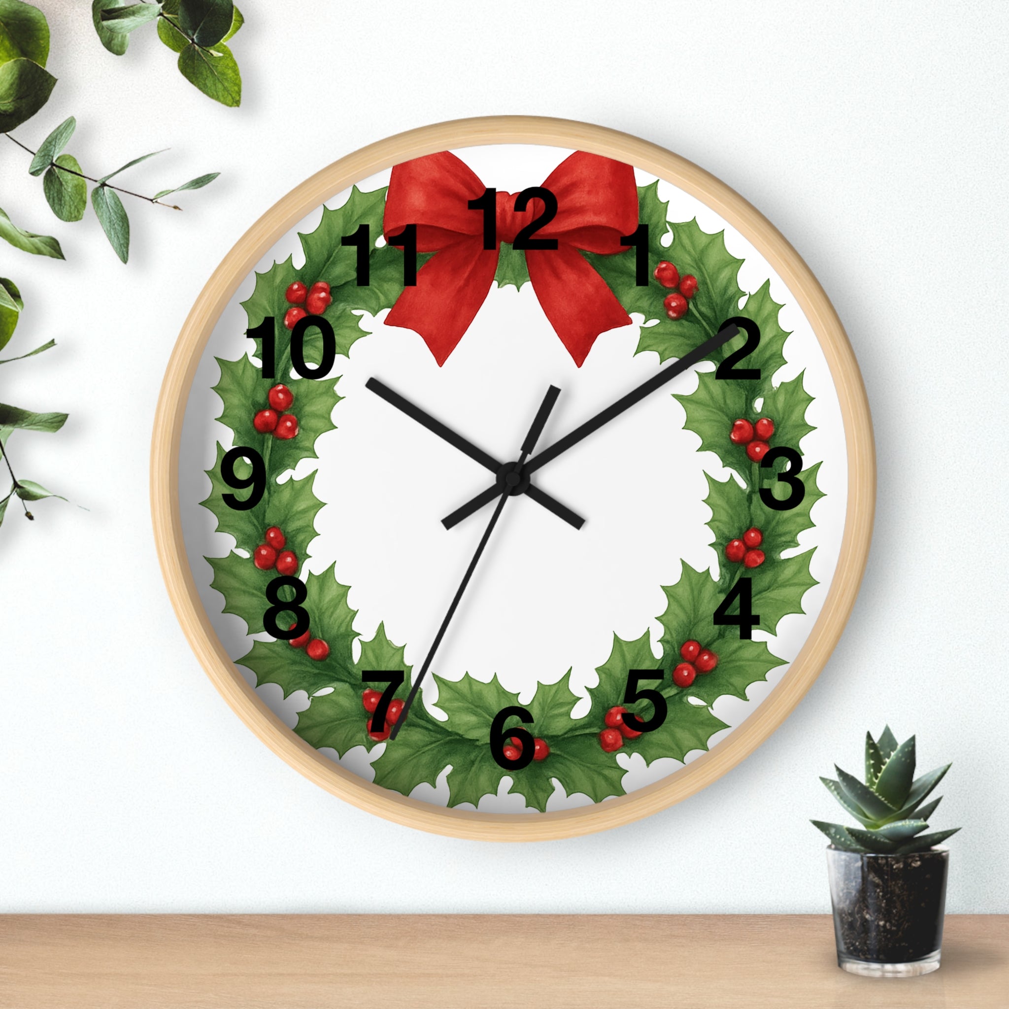 Christmas Holly Wreath Wall Clock — Festive Red Bow Holiday Decor