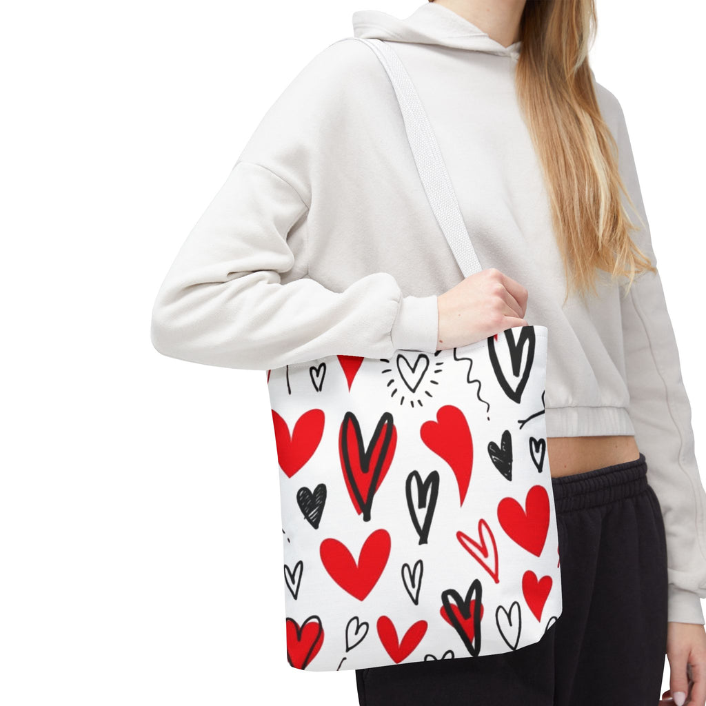 Heart Pattern Tote Bag — Red & Black Doodle Hearts All-Over Print
