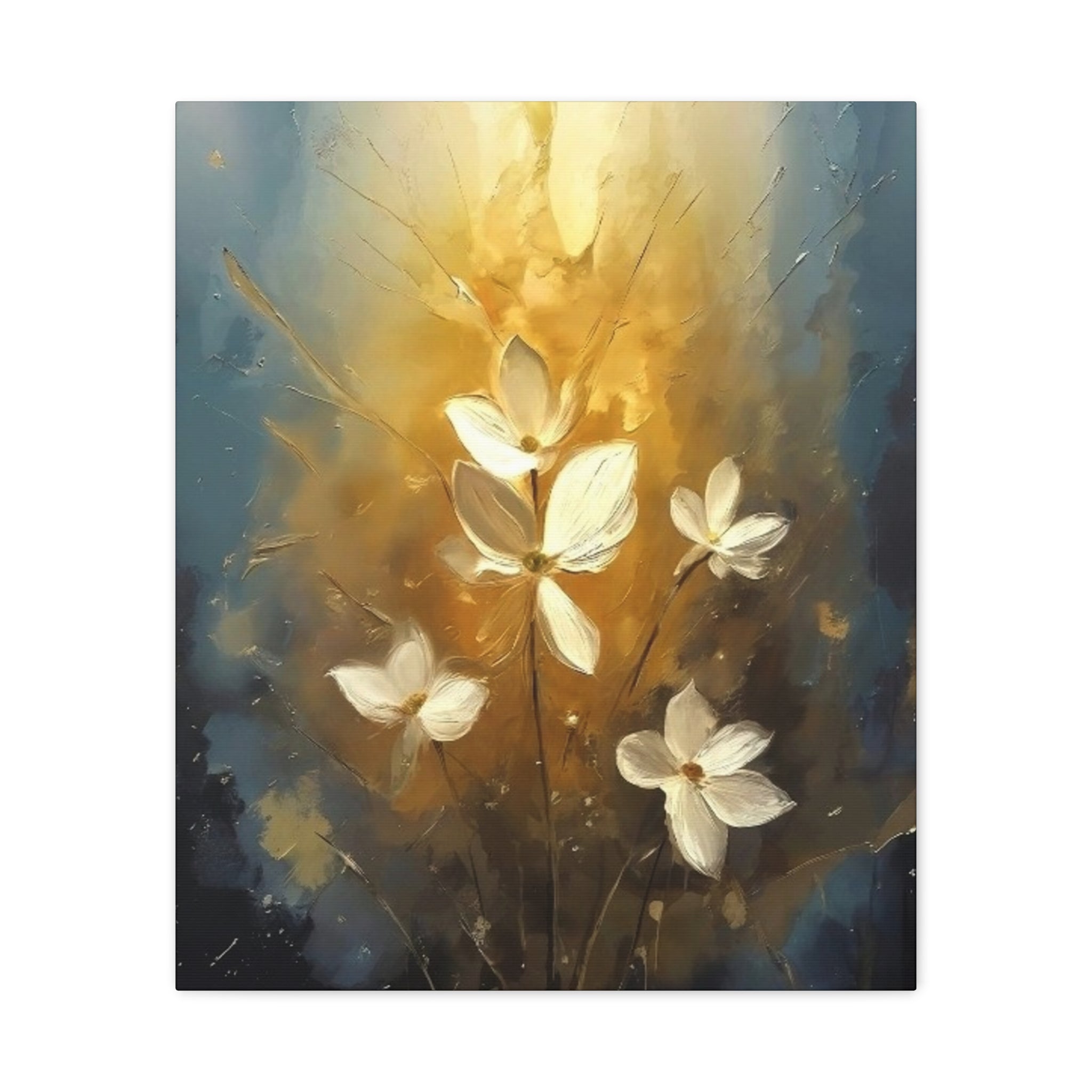 Golden Floral Canvas Print – Abstract White Flowers on Matte Stretched Canvas
