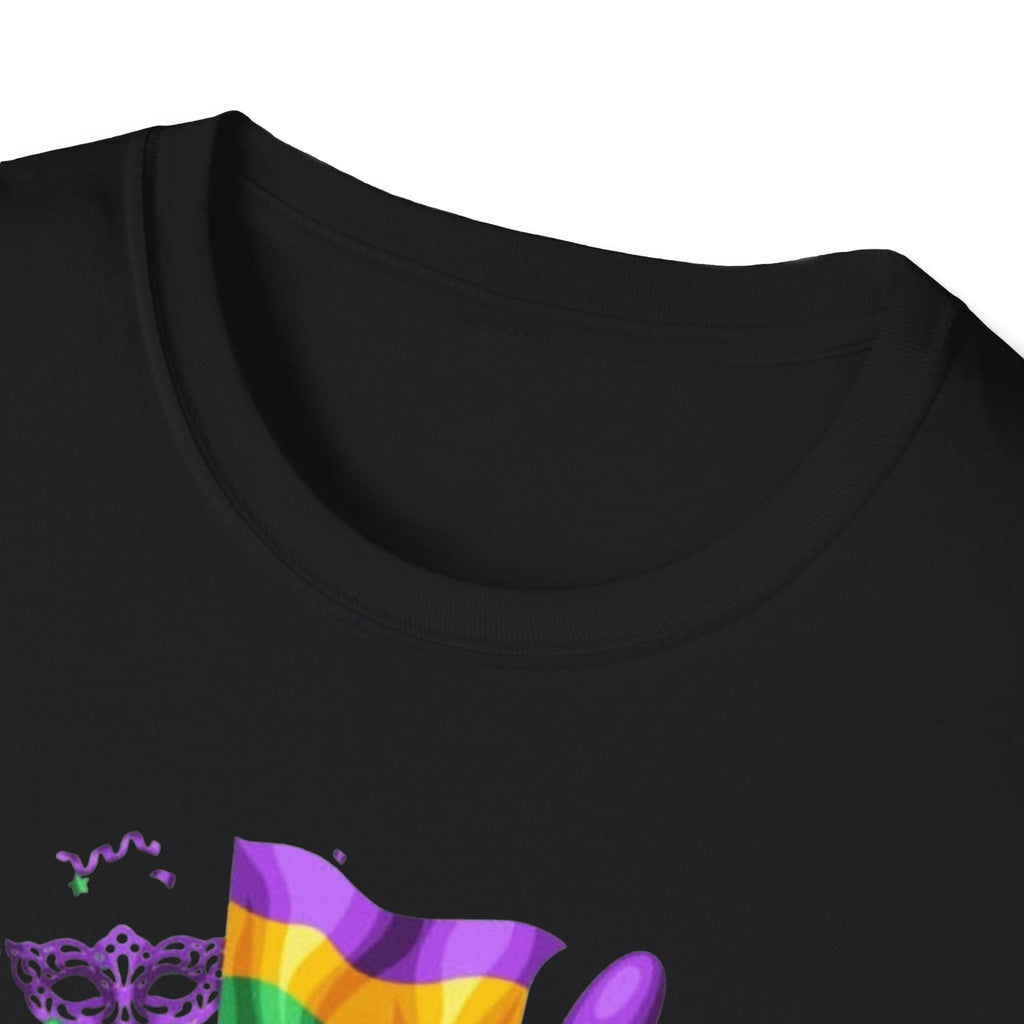Mardi Gras Carnival T-Shirt — Festive Mask, Beads & Balloon Design