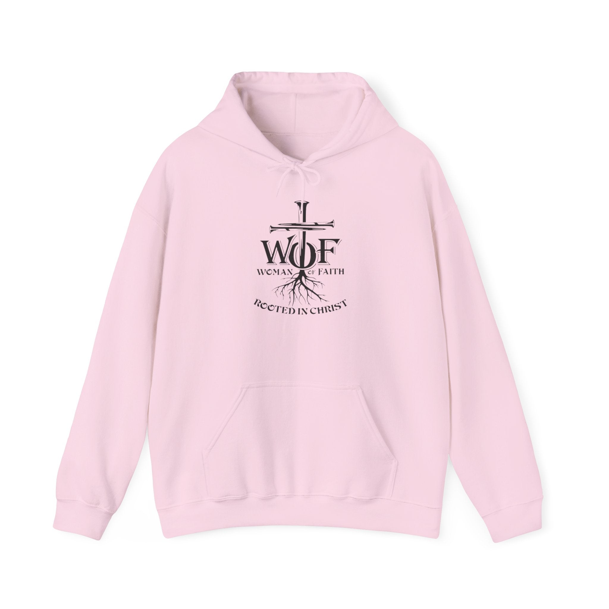 Hoodie — "W.O.F. Woman of Faith" Cross Christian Graphic Pullover