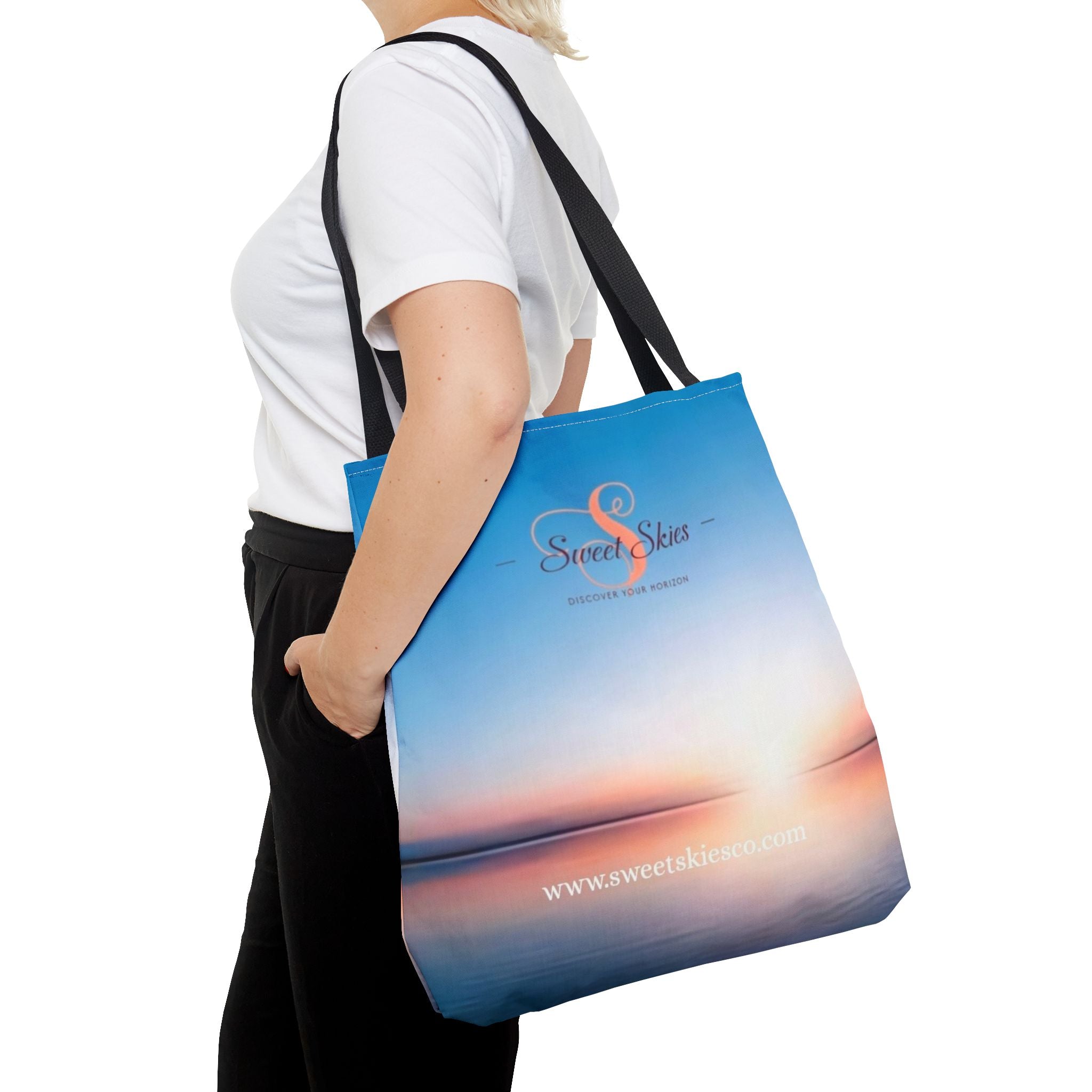 Sunset Beach Tote Bag — Sweet Skies Logo AOP Carryall