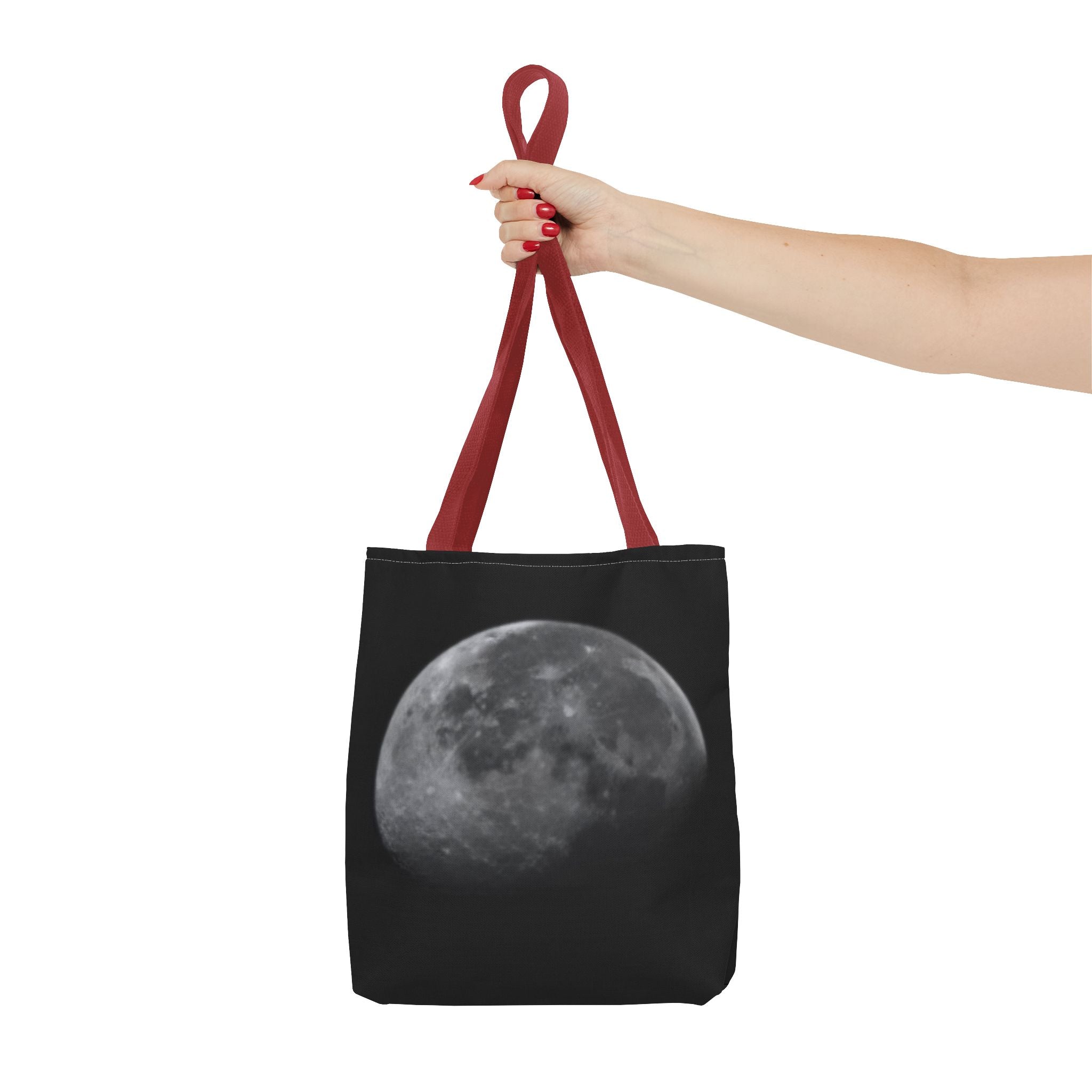 Full Moon Black Tote Bag — Moon Phase AOP Canvas Tote for Night Lovers