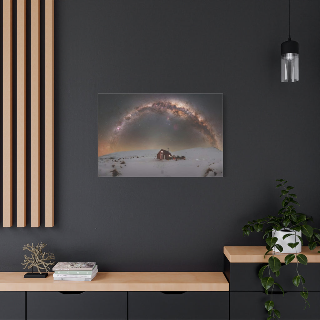 Milky Way Over Snowy Cabin — Matte Stretched Canvas Wall Art
