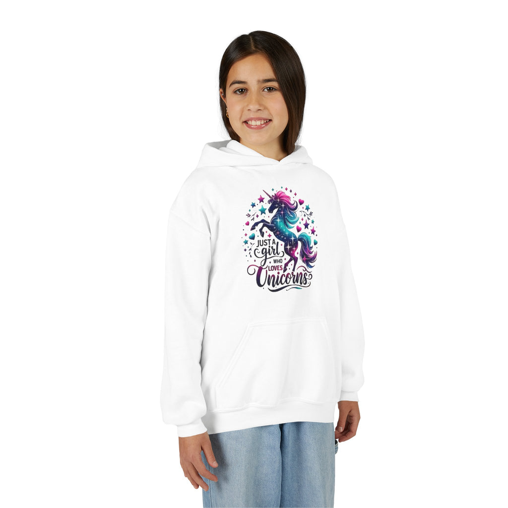 Youth Unicorn Hoodie - "Just a Girl Who Loves Unicorns" Cute Magical Kids Sweatshirt