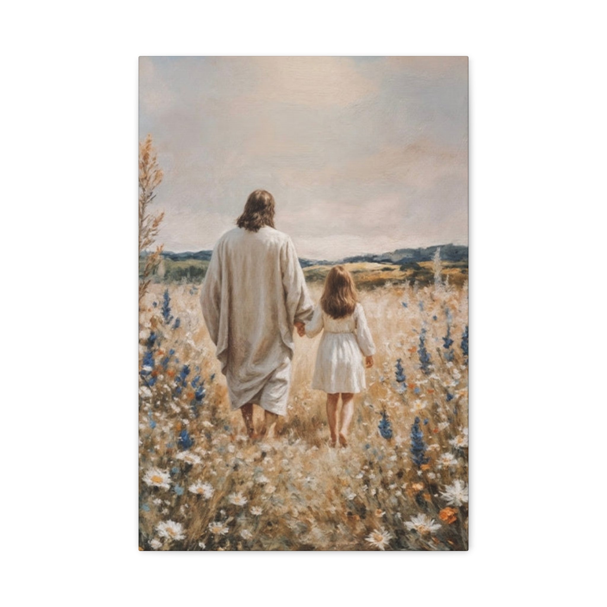 Jesus and Child Walking in Field Canvas Art - Religious Wall Decor