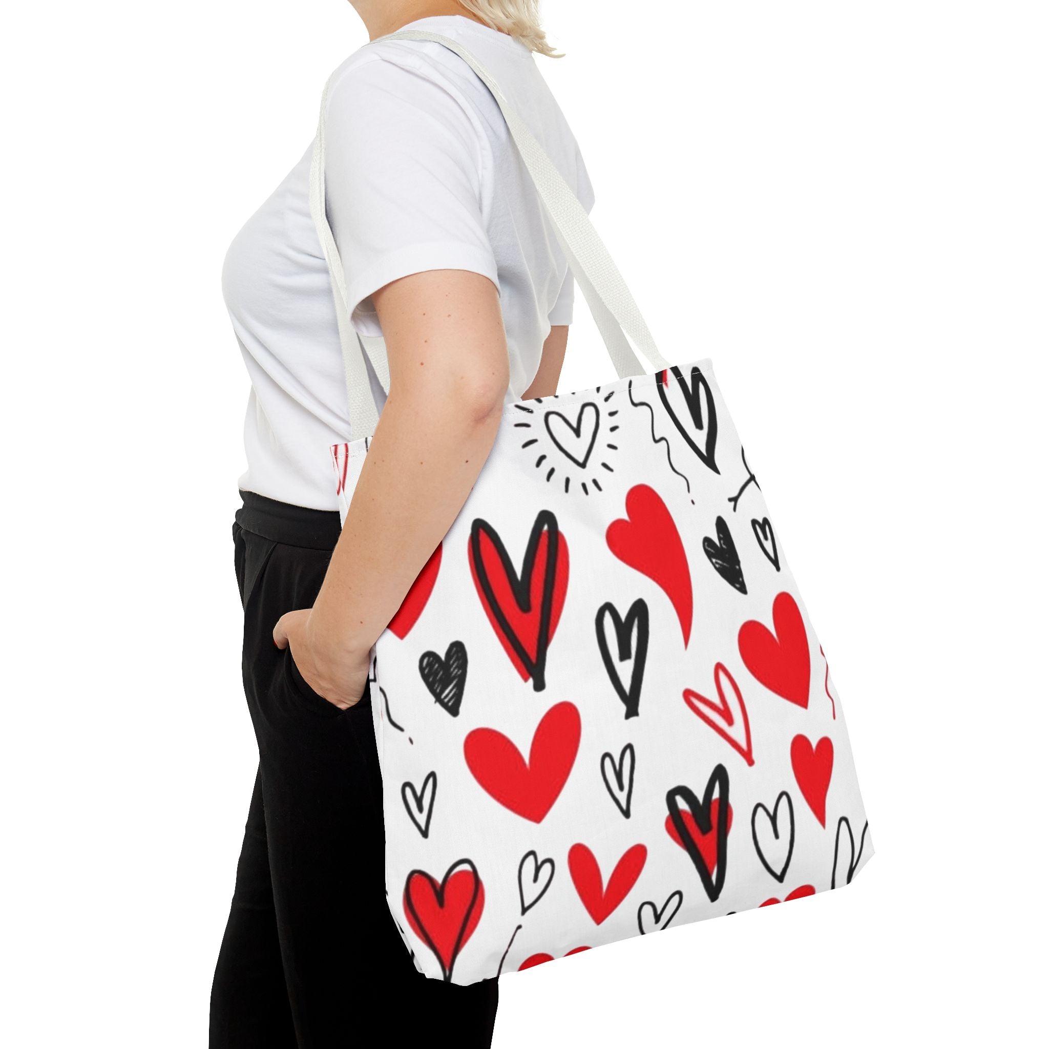 Heart Pattern Tote Bag — Red & Black Doodle Hearts All-Over Print