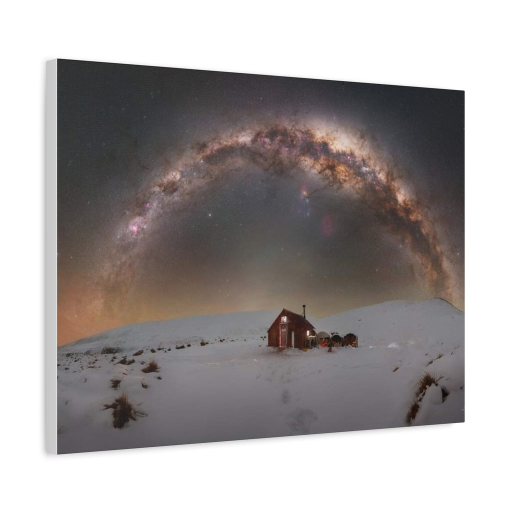 Milky Way Over Snowy Cabin — Matte Stretched Canvas Wall Art