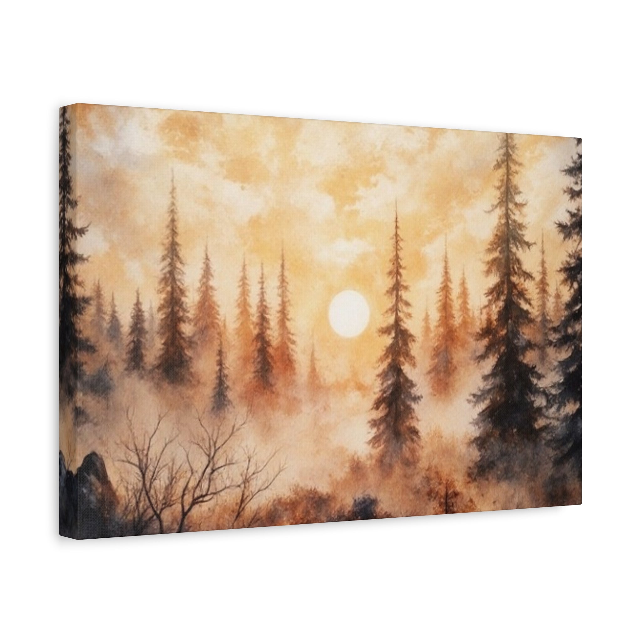 Canvas Wall Art - Misty Pine Forest Sunrise Matte Stretched Canvas