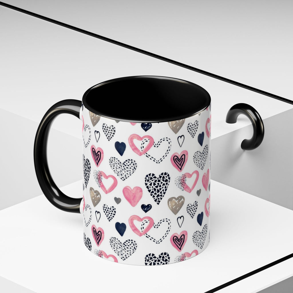 Heart Pattern Accent Coffee Mug — Pink & Navy Love Design (11/15 oz)