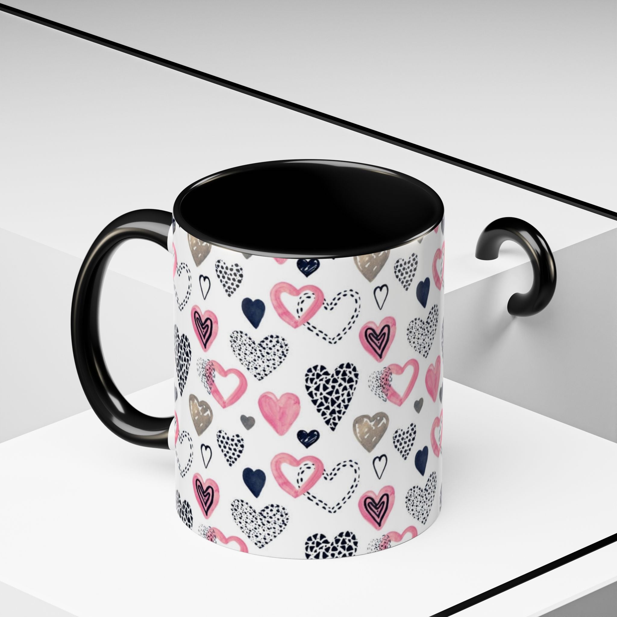 Heart Pattern Accent Coffee Mug — Pink & Navy Love Design (11/15 oz)