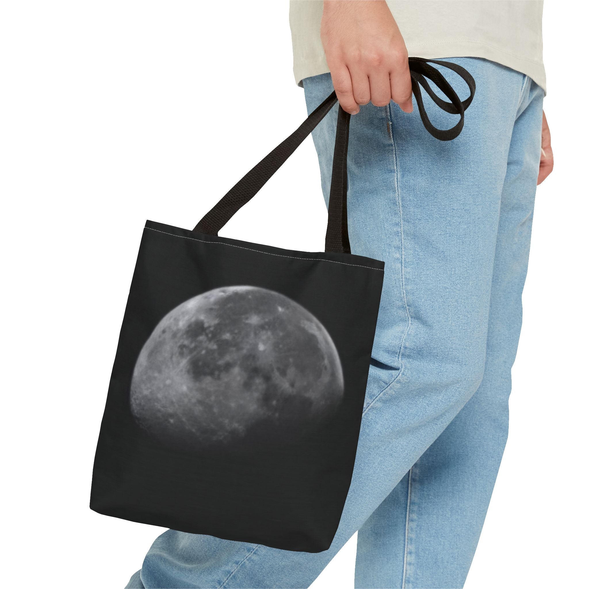 Full Moon Black Tote Bag — Moon Phase AOP Canvas Tote for Night Lovers