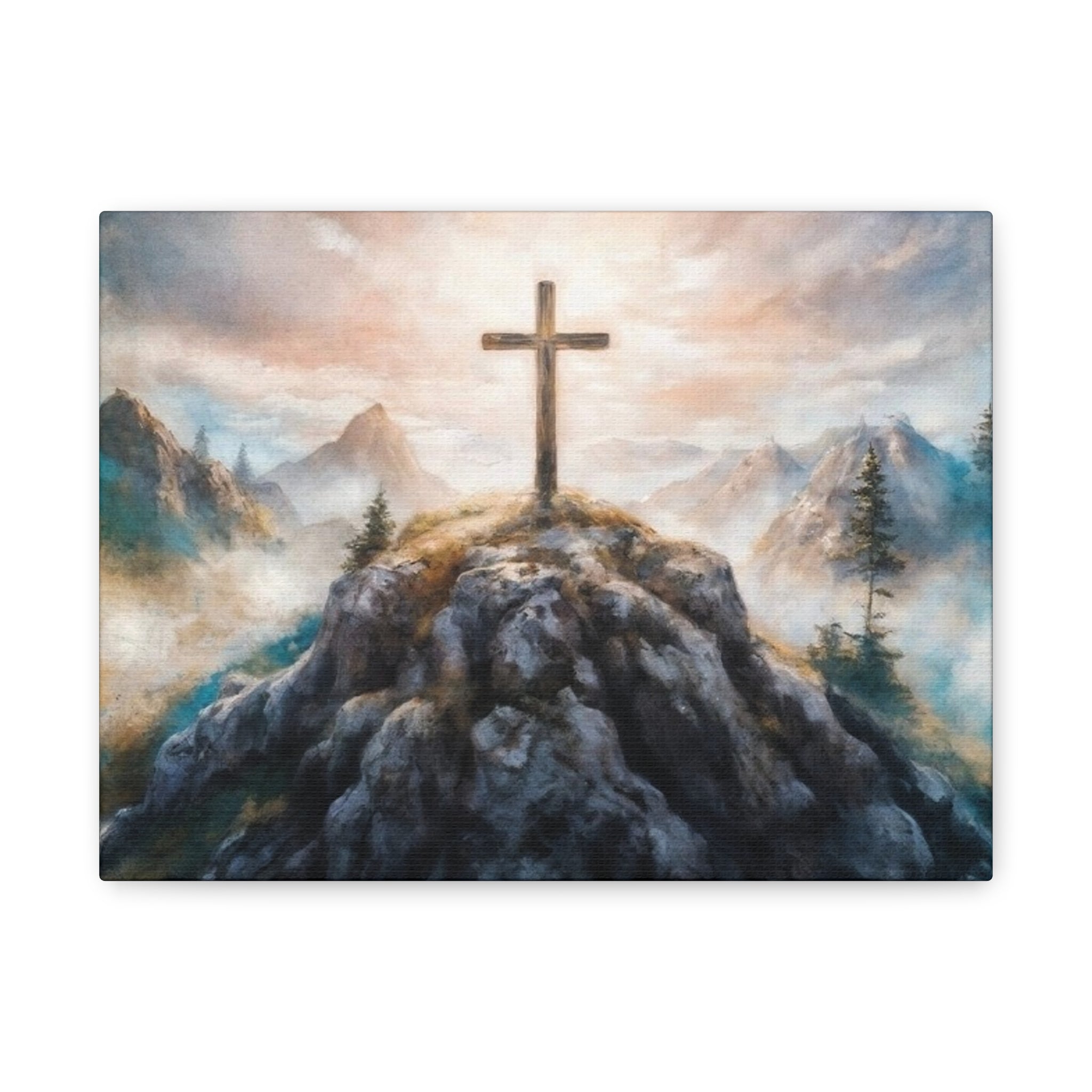 Cross on Mountain Matte Canvas Wall Art — Christian Inspirational Landscape