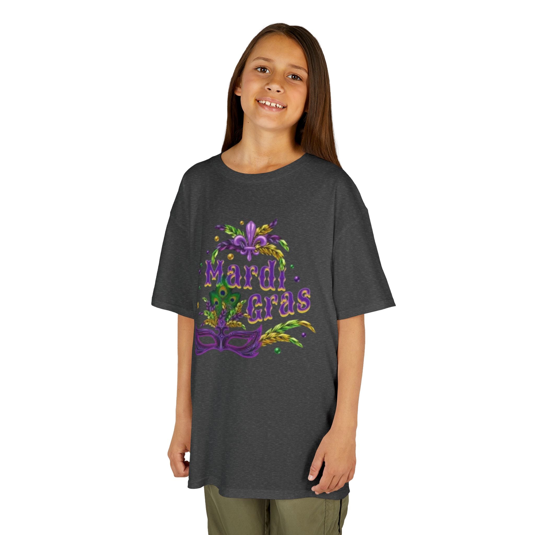 Kids Mardi Gras T-Shirt — Purple & Green Mask Design