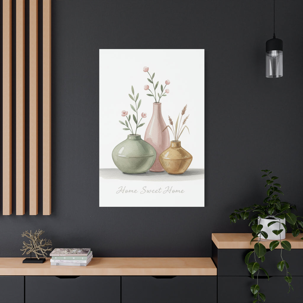 Home Sweet Home Canvas Wall Art — Pastel Vases Still Life Matte Stretched Canvas