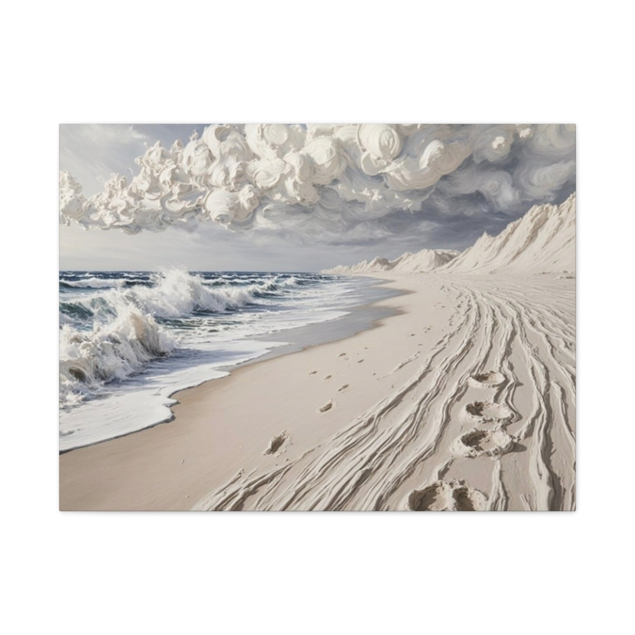 Coastal Serenity Matte Canvas Wall Art — Ocean Waves & Sandy Footprints
