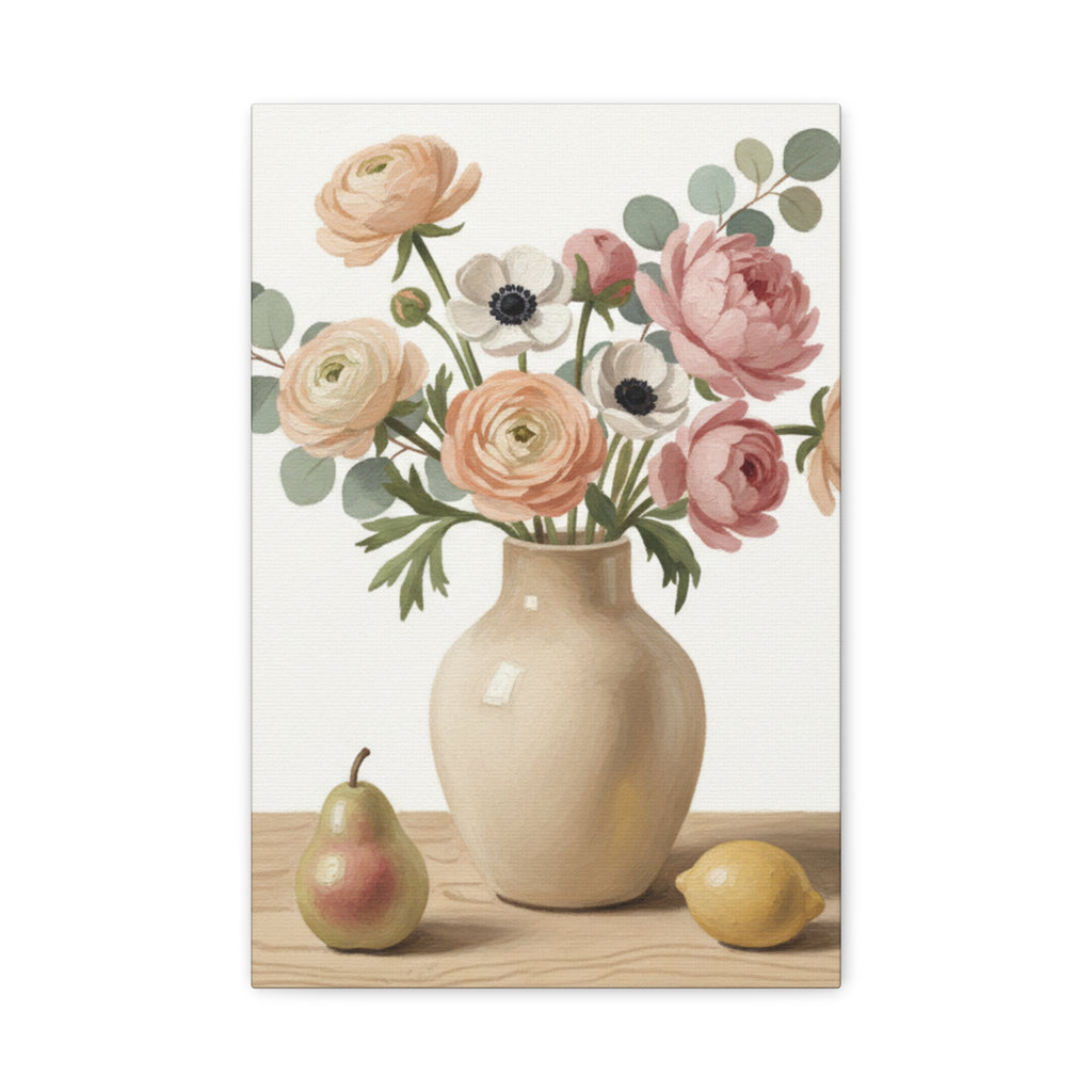 Floral Vase Canvas Wall Art — Pastel Peonies & Ranunculus Stretched Print