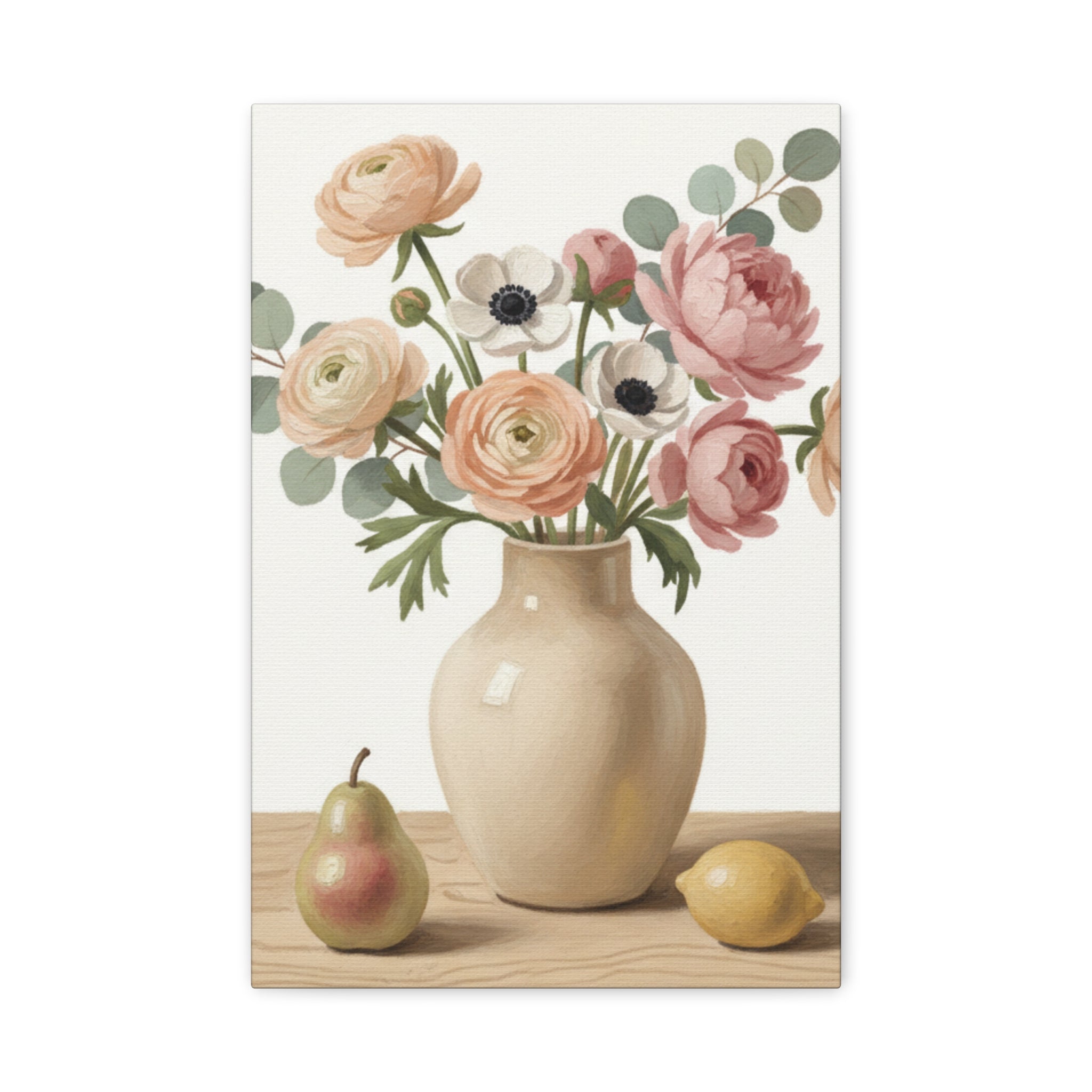 Floral Vase Canvas Wall Art — Pastel Peonies & Ranunculus Stretched Print