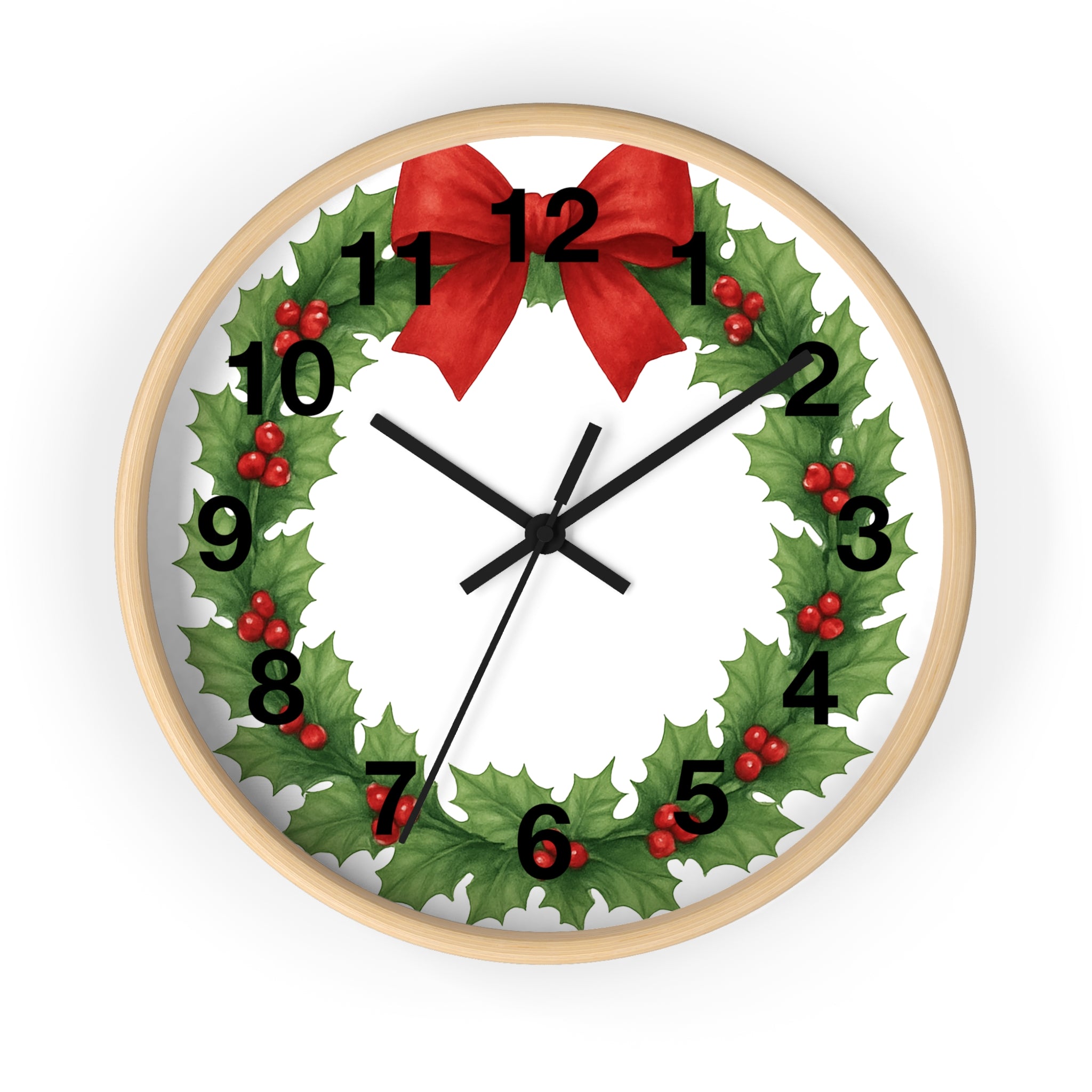 Christmas Holly Wreath Wall Clock — Festive Red Bow Holiday Decor