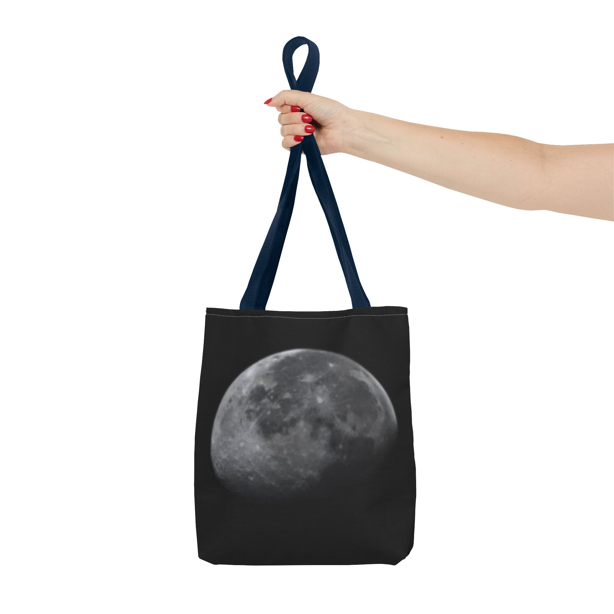 Full Moon Black Tote Bag — Moon Phase AOP Canvas Tote for Night Lovers