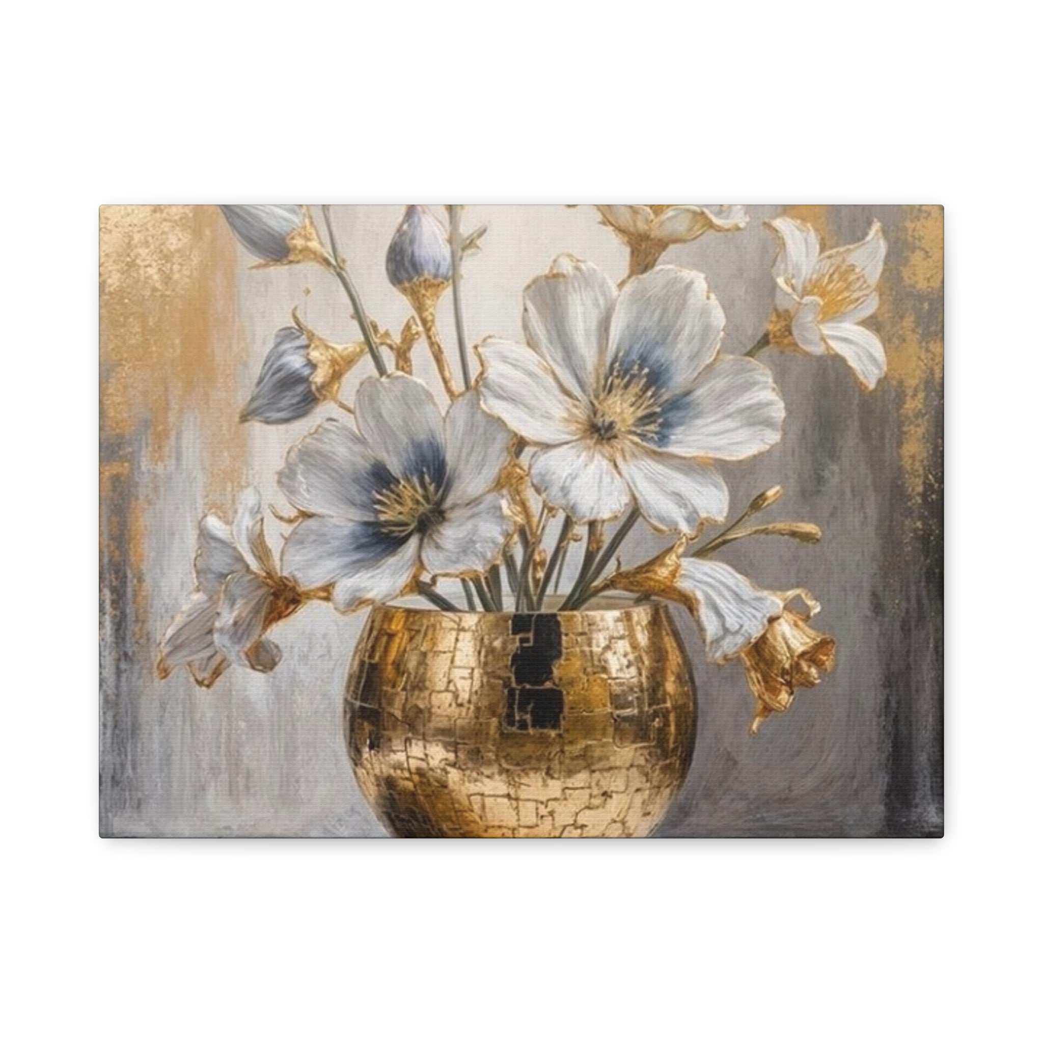 Floral Gold Vase Canvas Print — Elegant White & Blue Flower Wall Art